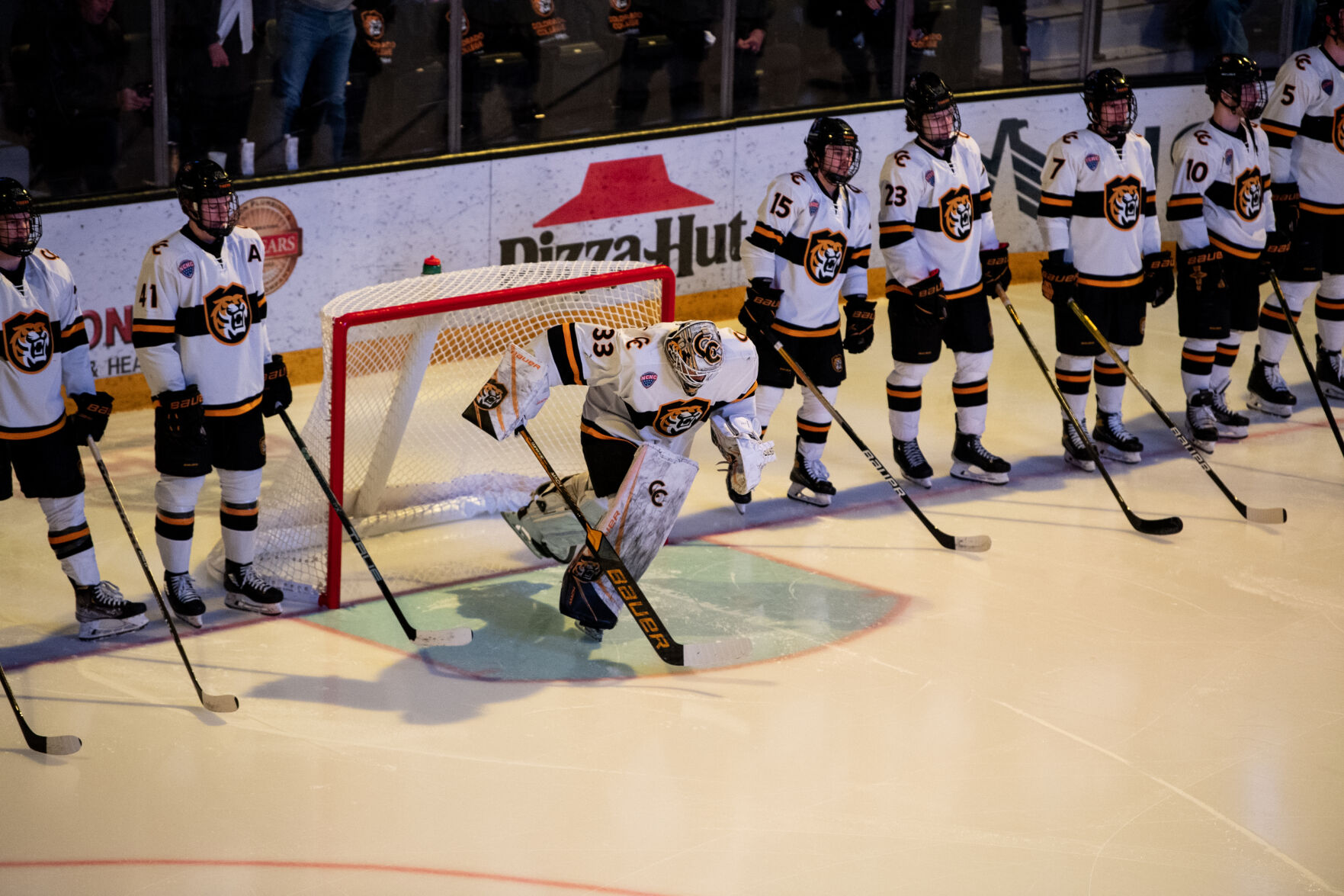 Colorado College goaltender Kaidan Mbereko (33) skates to center ice as he’s introduced at the start of a hockey game on Saturday, Feb. 4, 2023, at Ed Robson Arena in Colorado Springs, Colo. (Parker Seibold, The Gazette) (Parker Seibold)