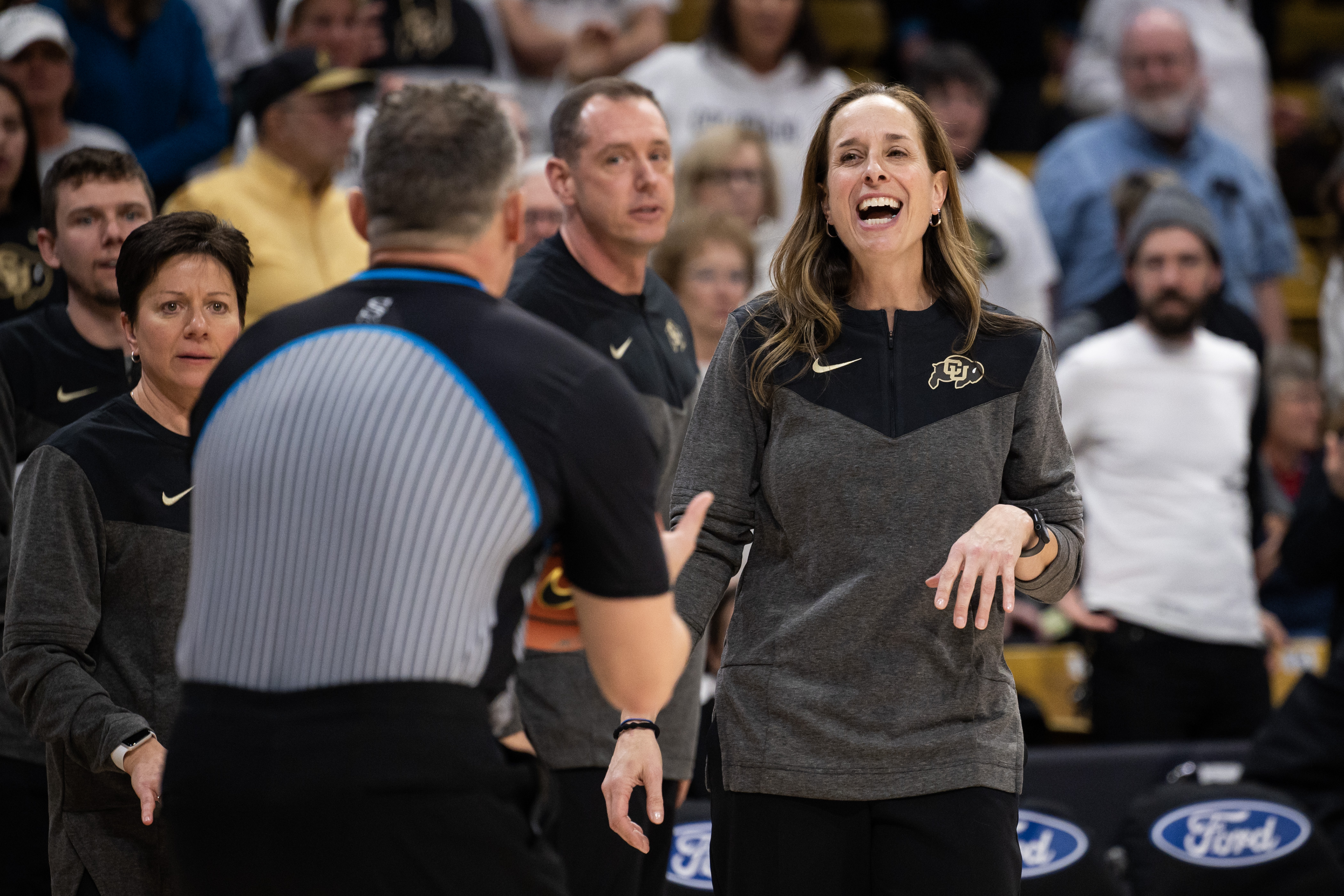 University of Colorado Boulder women’s basketball head coach JR Payne laughs with an official while he clarifies a call during a game against Stanford University at the CU Events Center on Thursday, Feb. 23, 2023, in Boulder, Colo. (Timothy Hurst/The Denver Gazette) (TimHursttim.hurst@gazette.comhttps://secure.gravatar.com/avatar/aca82bd62b4ee425c598527cd6faa1b1?d=mm&r=g)