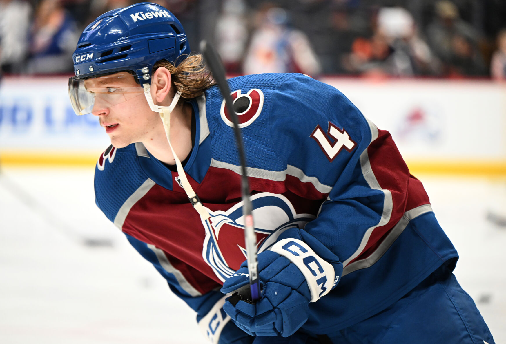Colorado Avalanche defenseman Bowen Byram (4) warms up before the Avalanche game against the Tampa Bay Lightning Tuesday, Feb. 14, 2023, at Ball Arena in Denver. (The Gazette, Christian Murdock) (Christian Murdock/The Gazette)