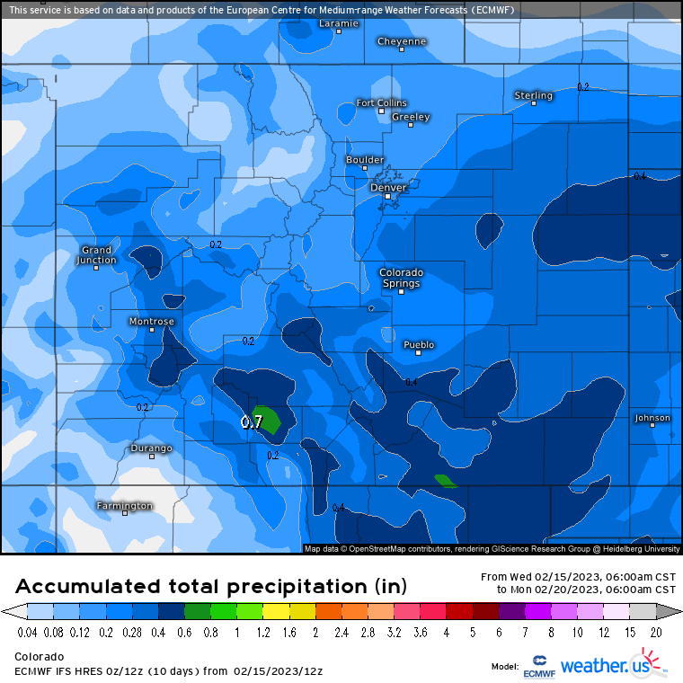 A Weather.us forecast model shows the potential accumulation levels of water-equivalent precipitation as of 6 a.m. Monday, Feb. 20, for Colorado. Depending on the density of the snow, one inch of water is equivalent to 10 inches of snow based on a common rule of thumb ratio of 10:1. (Weather.us)