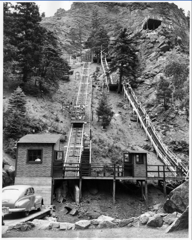 Starting in the 1940s, a cable car used to run up the canyon wall along Seven Falls. IT was closed in the 1980s. Photo from Gusdorf/Weimer Family Collection