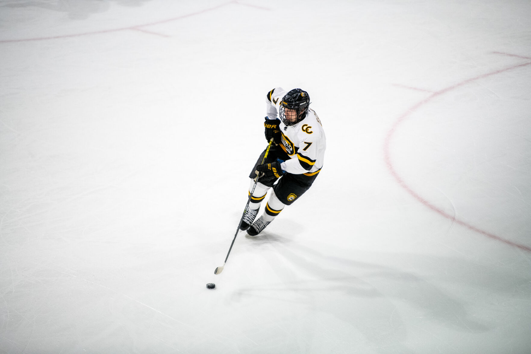 Colorado College defenseman Chase Foley (7) skates the puck down the ice in the second period of a hockey game on Saturday, Feb. 4, 2023, at Ed Robson Arena in Colorado Springs, Colo. (Parker Seibold, The Gazette) (Parker Seibold)
