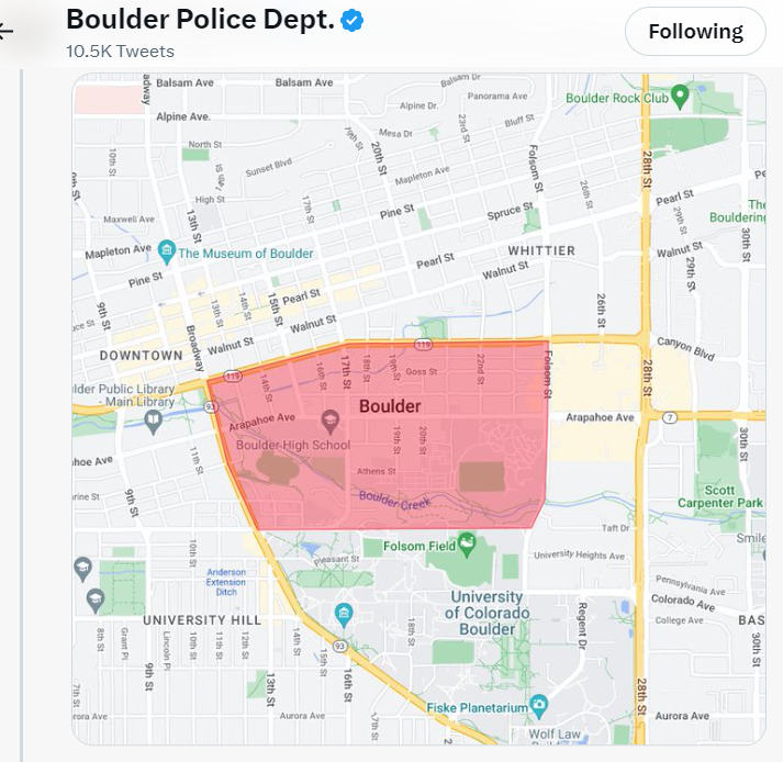 Boulder Police ordered residents and businesses in the area of Boulder High School to shelter in place Wednesday morning after an unconfirmed report of an active shooter, according to a Tweet. (Boulder Police Department via Twitter)