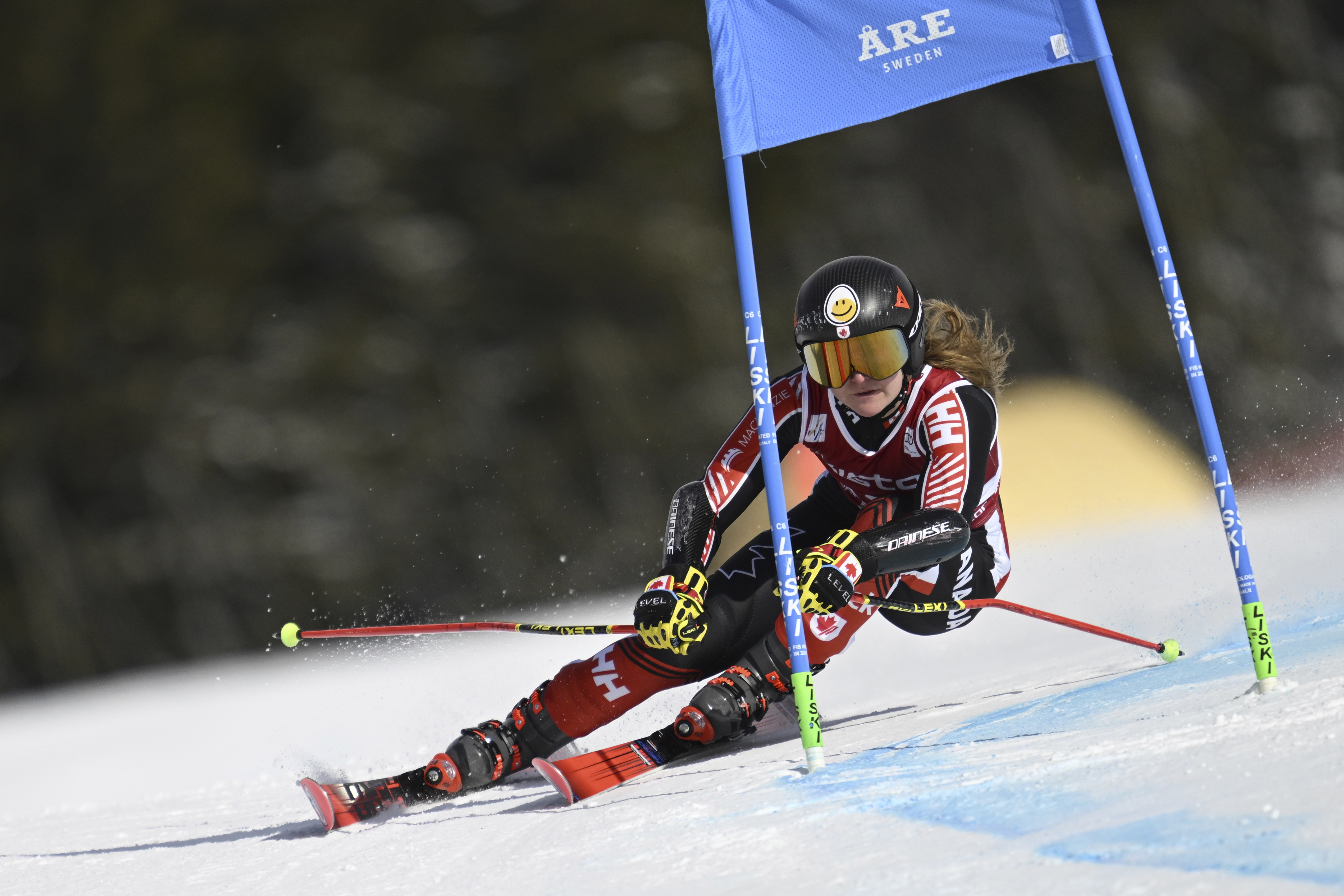 Canada's Valerie Grenier speeds down the course during an alpine ski, women's World Cup giant slalom race, in Are, Sweden, Friday, March 10, 2023. (Pontus Lundahl - foreign subscriber, TT News Agency)