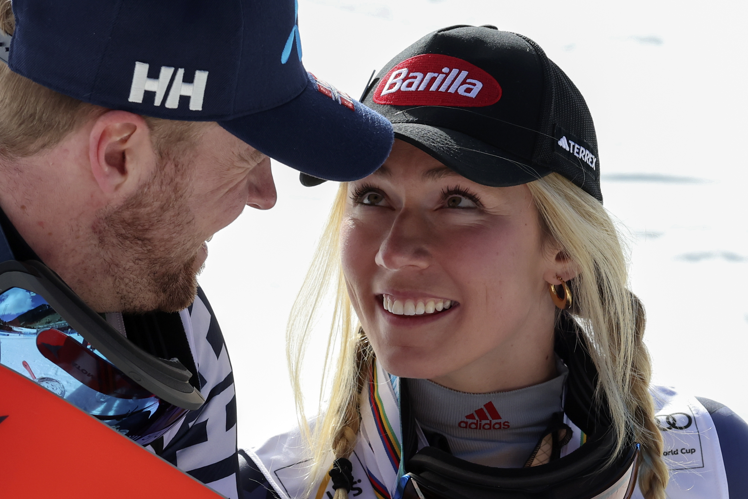 United States' Mikaela Shiffrin, right, and boyfriend Norway's Aleksander Aamodt Kilde look at each other on the last day of the alpine ski, World Cup season, in Soldeu, Andorra, Sunday, March 19, 2023. (Alessandro Trovati - stringer, AP)