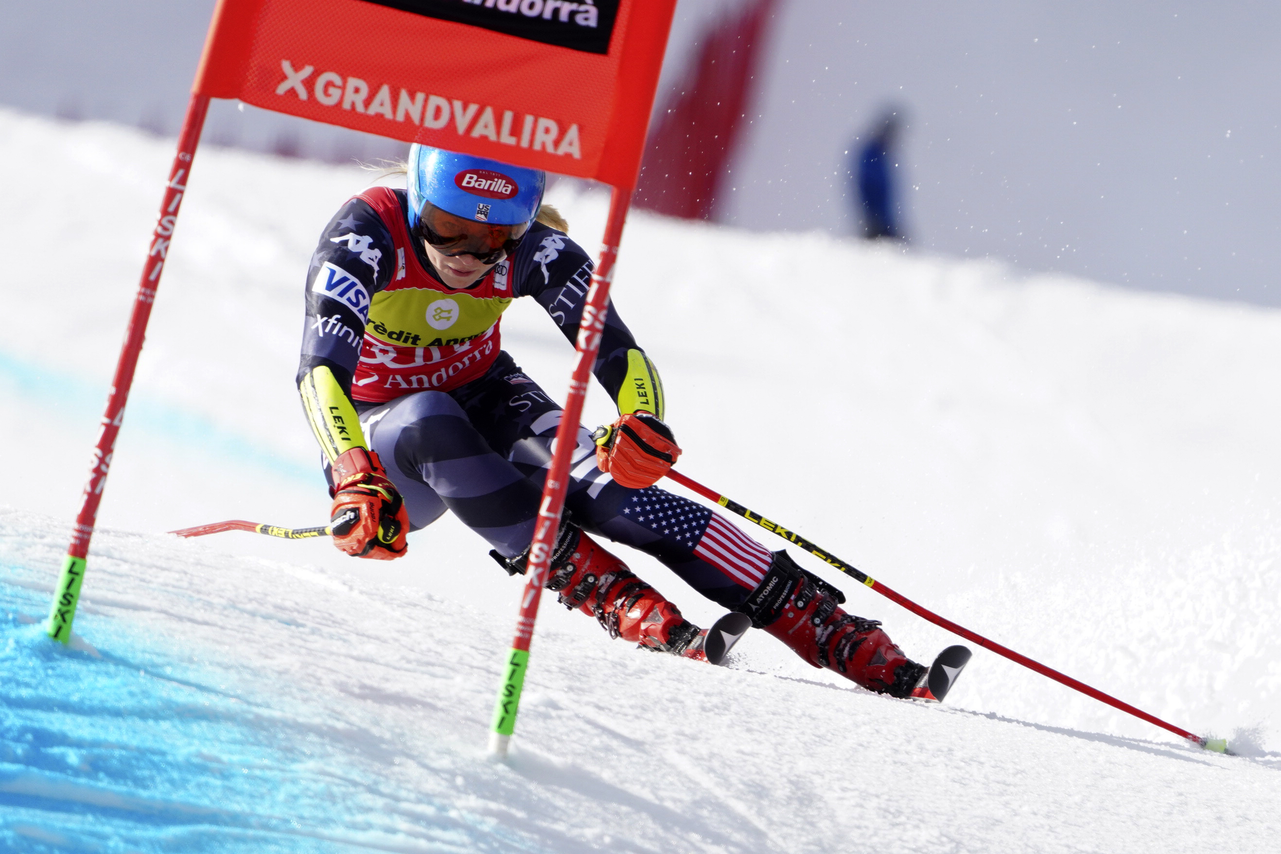 United States' Mikaela Shiffrin competes in an alpine ski, women's World Cup giant slalom race, in Soldeu, Andorra, Sunday, March 19, 2023. (Giovanni Zenoni - stringer, AP)