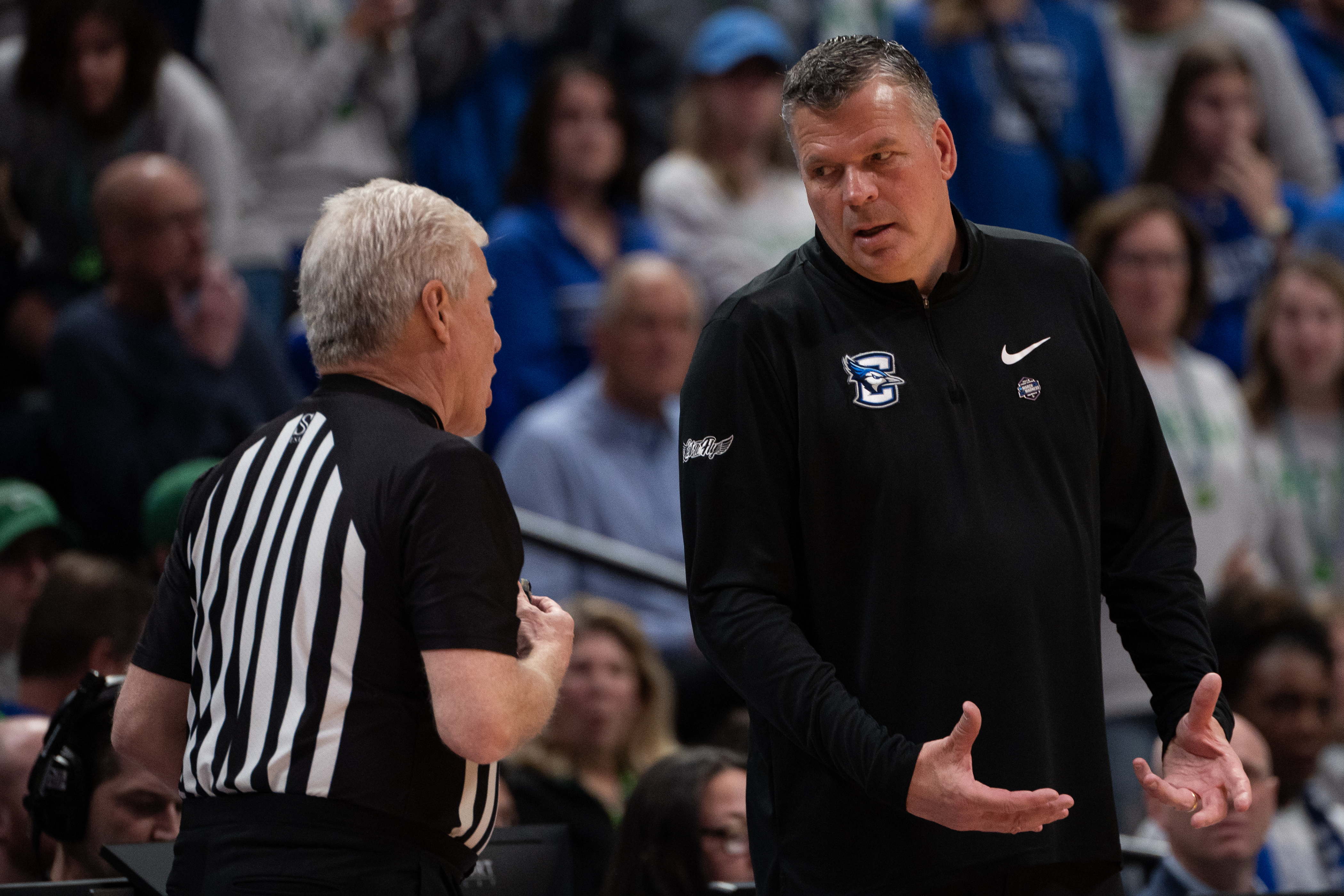 Creighton head coach Greg McDermott discusses a call with an official during a first-round college basketball game against North Carolina State in the NCAA Tournament on Friday, March 17, 2023, at Ball Arena in Denver, Colo. (Timothy Hurst/Denver Gazette) (TimHursttim.hurst@gazette.comhttps://secure.gravatar.com/avatar/aca82bd62b4ee425c598527cd6faa1b1?d=mm&r=g)