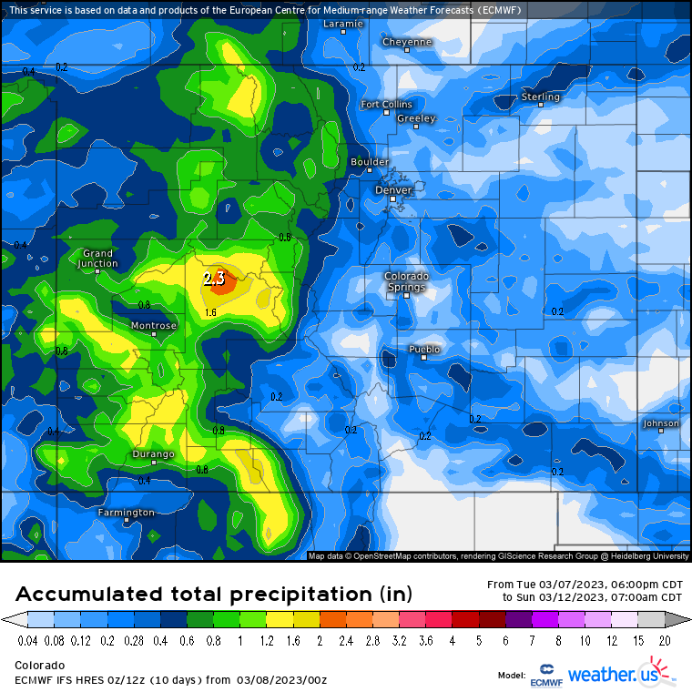 A Weather.us forecast model shows the potential accumulation levels of water-equivalent precipitation as of 7 a.m. Sunday, March 12, for Colorado. Depending on the density of the snow, one inch of water is equivalent to 10 inches of snow based on a common rule of thumb ratio of 10:1. (Weather.us)