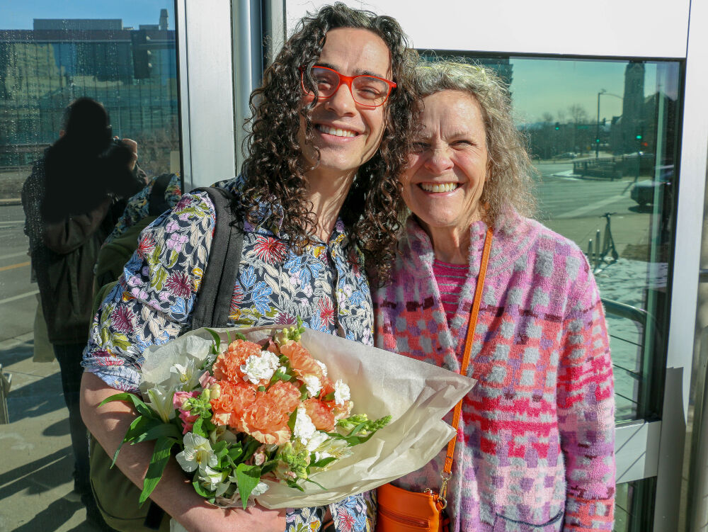 Denver playwright Jake Brasch with his mother, Kate Brasch, after a reading of his heartfelt and deeply personal stage memoir, 