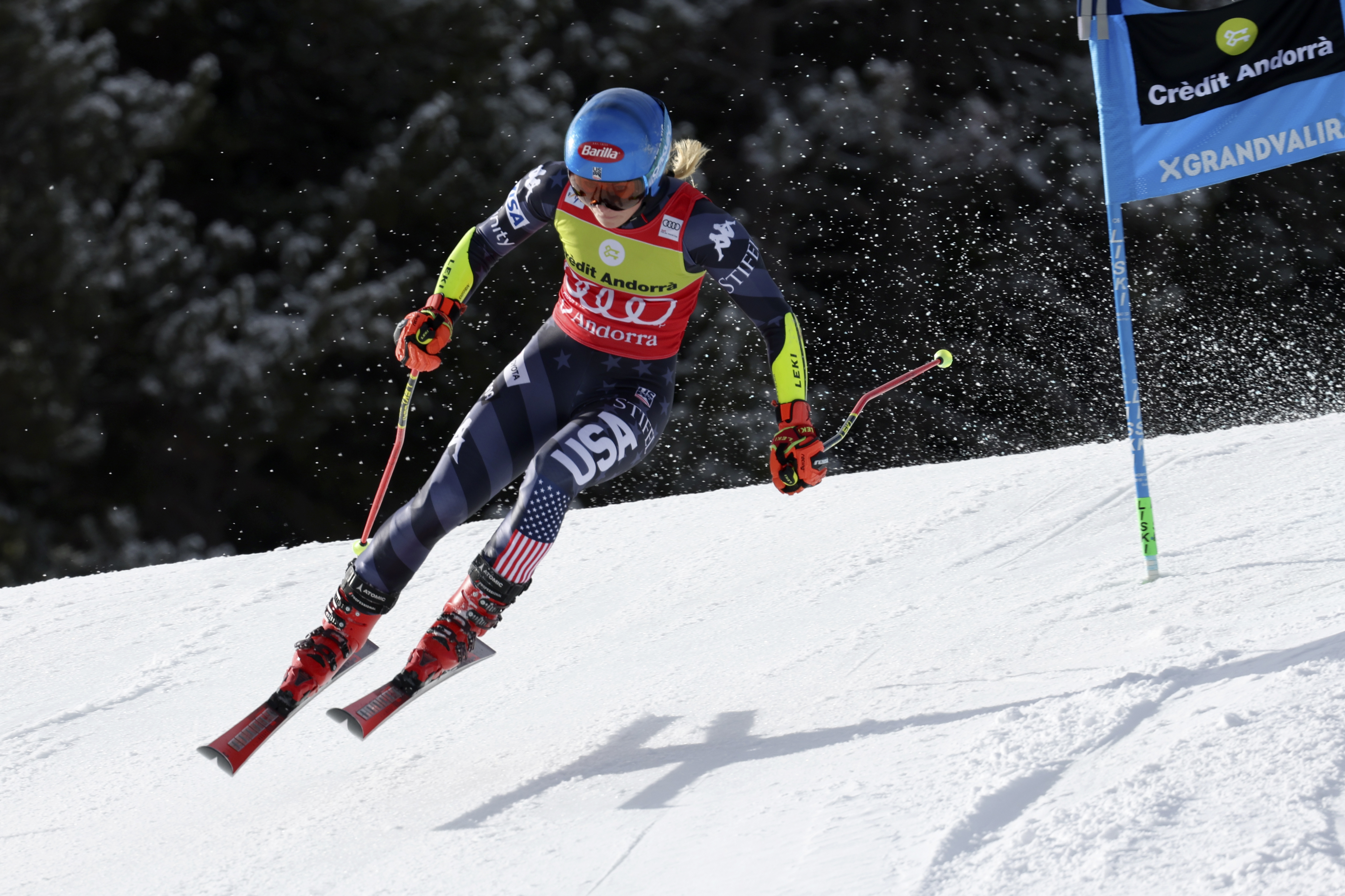 United States' Mikaela Shiffrin competes in an alpine ski, women's World Cup giant slalom race, in Soldeu, Andorra, Sunday, March 19, 2023. (Alessandro Trovati - stringer, AP)