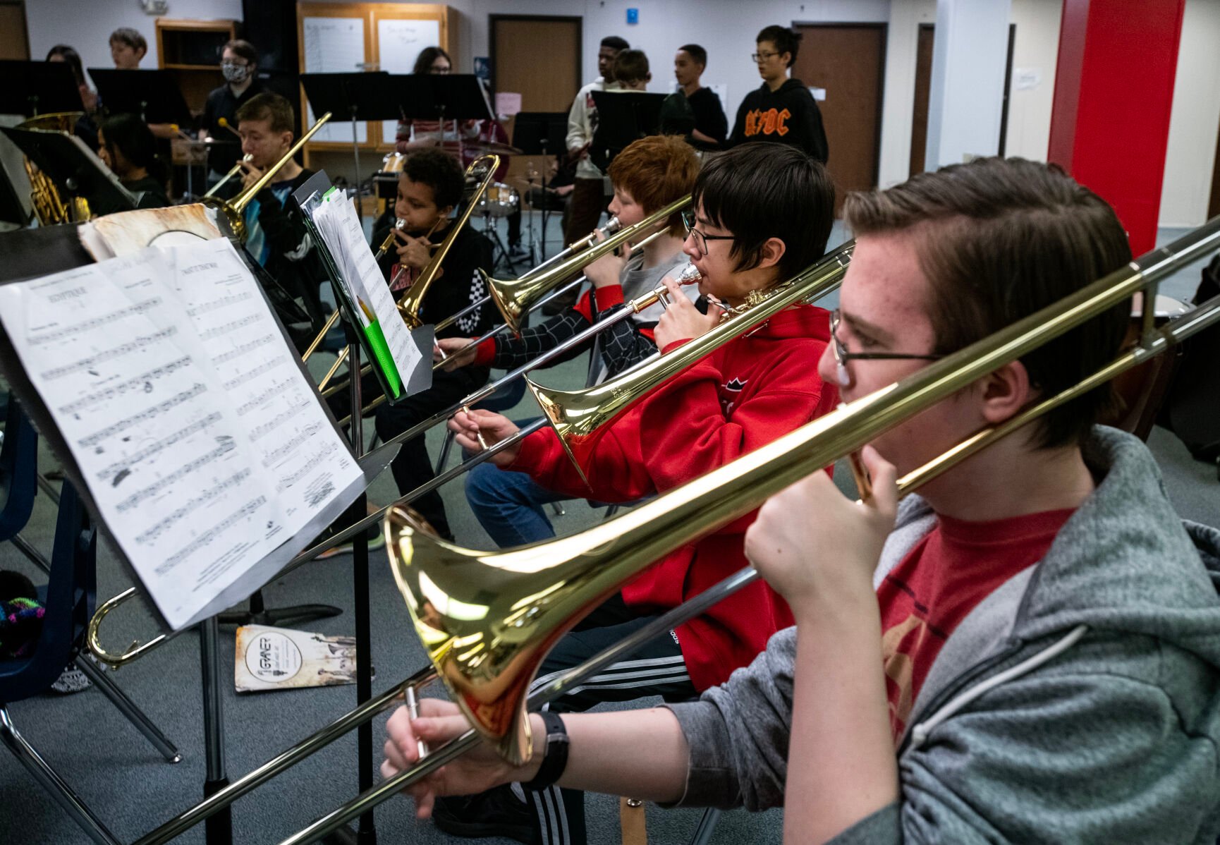 Students in band class at Horizon Middle School practice for a concert early this month. Nearly a decade ago, the number of students in band at Horizon Middle School was about 50; now there are nearly 200. (photos by Parker Seibold, the gazette)