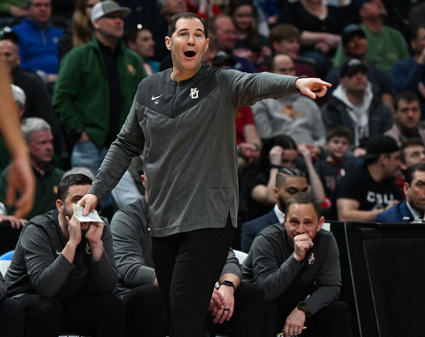Bears coach Scott Drew yells from the bench during the second half Friday in Denver. Baylor defeated UC Santa Barbara 74-56. (Christian Murdock, The Gazette)