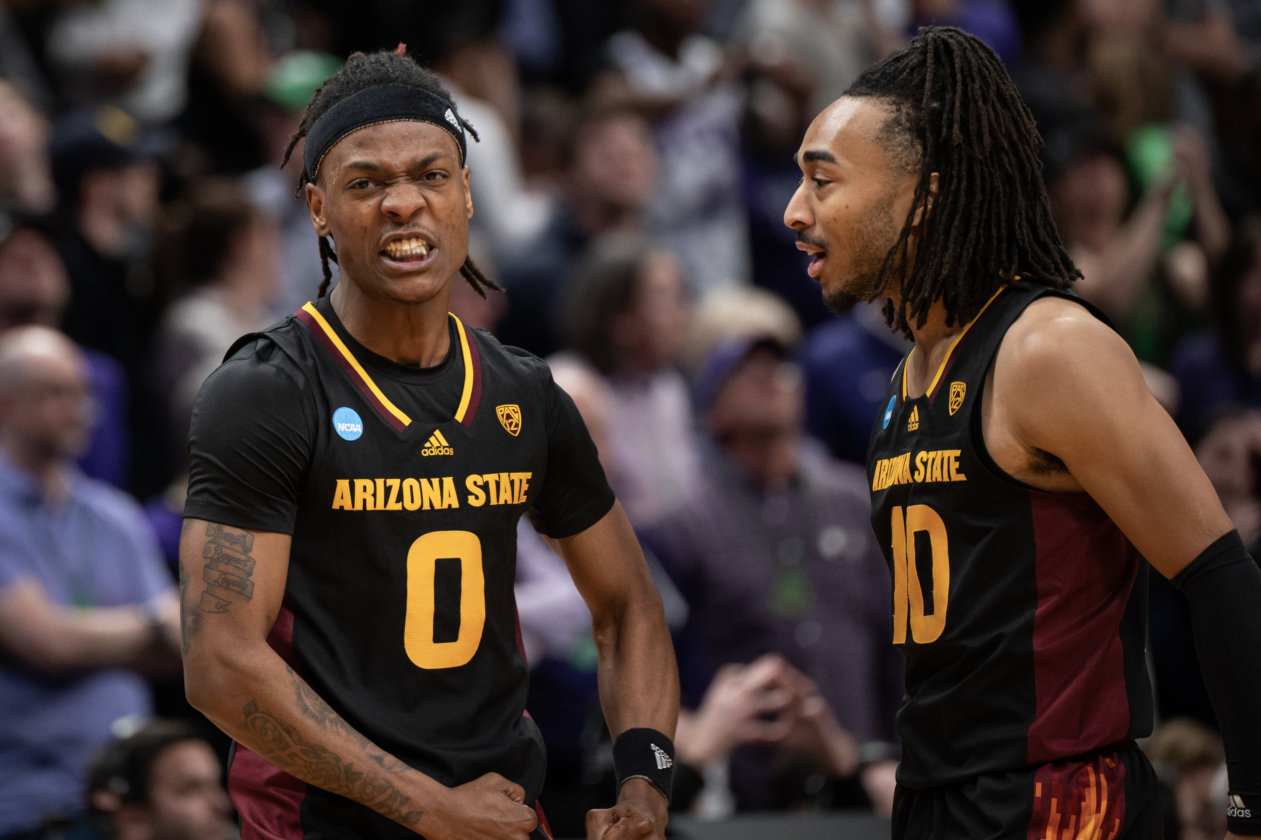 Arizona State Sun Devils guard DJ Horne (0) reacts after scoring against the TCU Horned Frogs during a first-round college basketball game in the NCAA Tournament on Friday, March 17, 2023, at Ball Arena in Denver, Colo. (Timothy Hurst/Denver Gazette) (TimHursttim.hurst@gazette.comhttps://secure.gravatar.com/avatar/aca82bd62b4ee425c598527cd6faa1b1?d=mm&r=g)