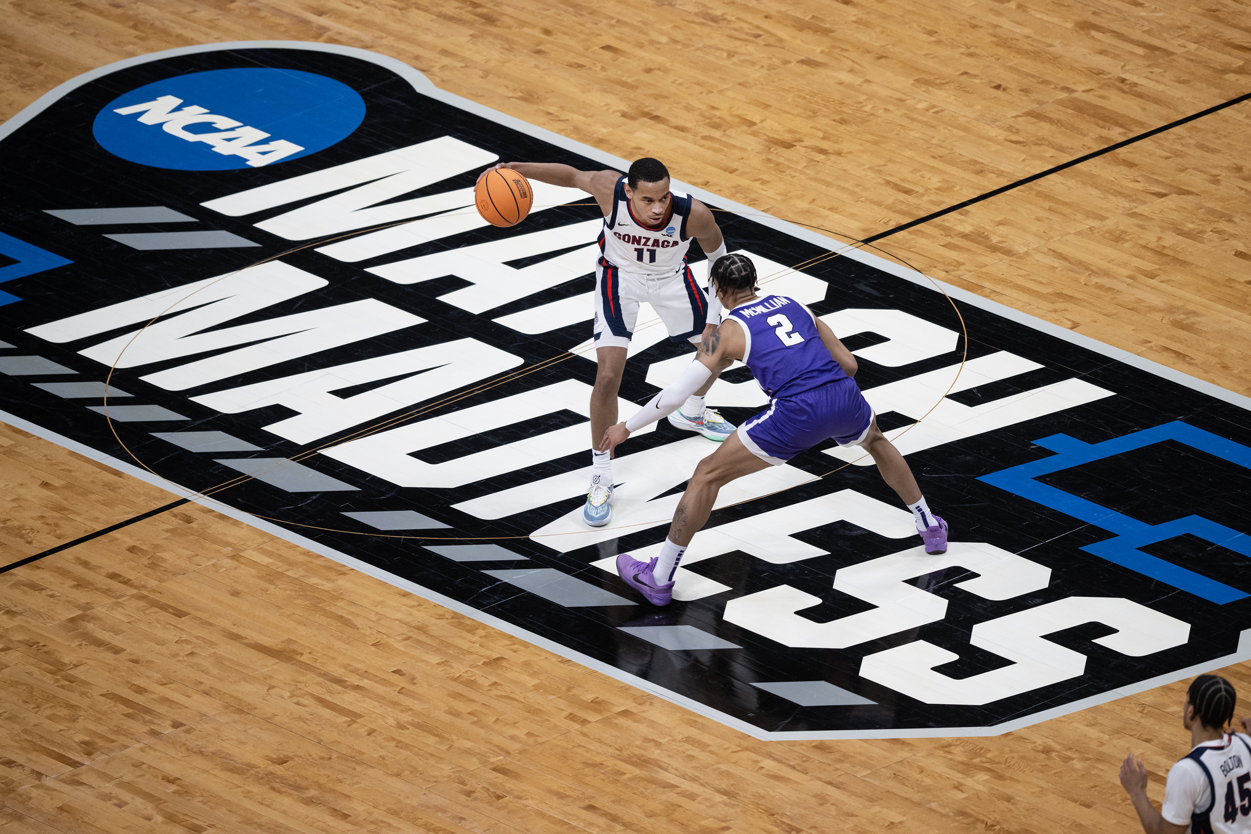 Gonzaga Bulldogs guard Nolan Hickman (11) squares off with Grand Canyon Antelopes guard Chance McMillian (2) during a first-round college basketball game in the NCAA Tournament on Friday, March 17, 2023, at Ball Arena in Denver, Colo. (Timothy Hurst/Denver Gazette) (TimHursttim.hurst@gazette.comhttps://secure.gravatar.com/avatar/aca82bd62b4ee425c598527cd6faa1b1?d=mm&r=g)