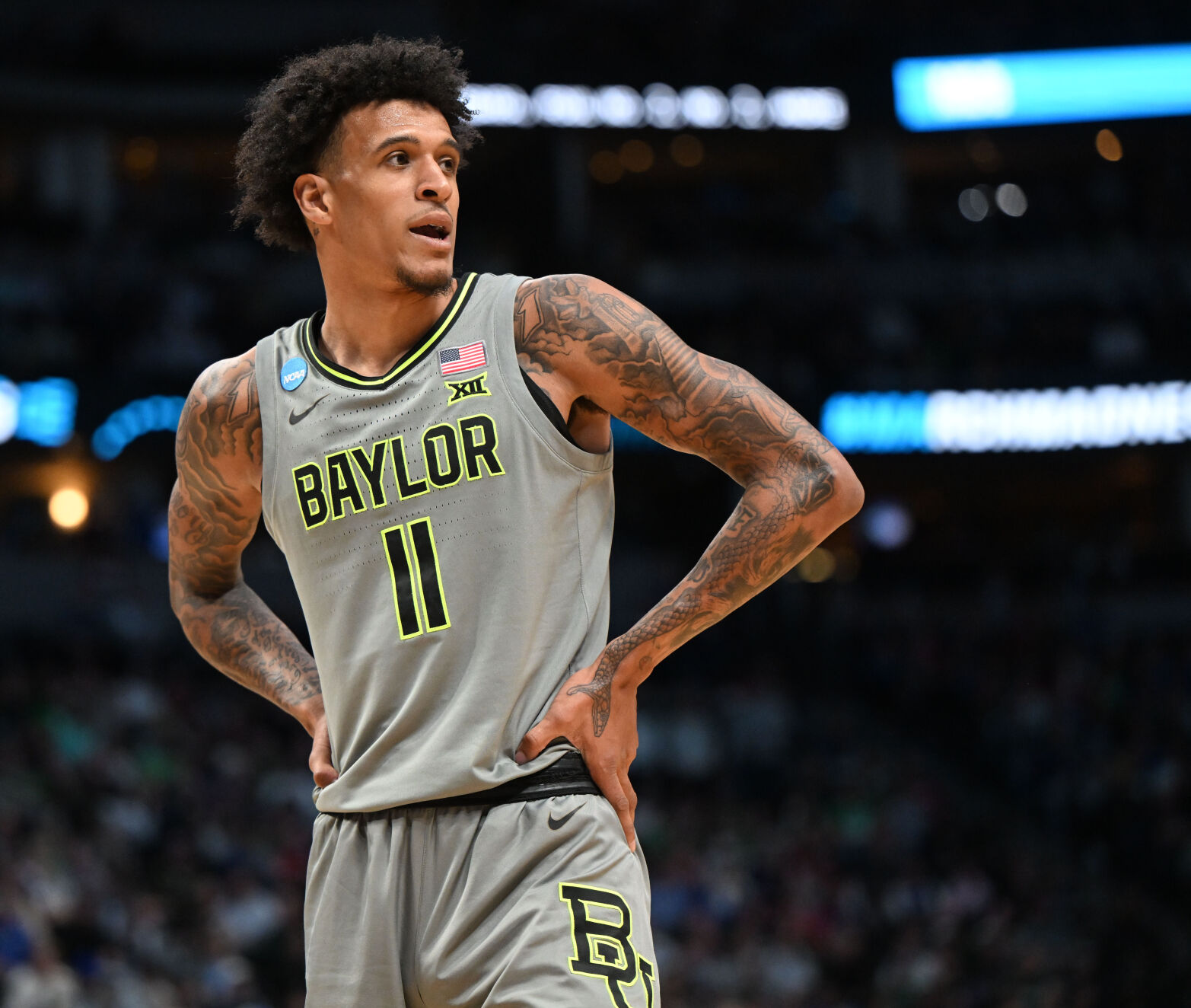 Baylor Bears forward Jalen Bridges (11) looks into the crowd during a timeout in the second half of a first round of the Men’s NCAA Tournament Friday, March 17, 2023, at Ball Arena in Denver. Baylor defeated UC Santa Barbara 74-56. (The Gazette, Christian Murdock) (Christian Murdock/The Gazette)