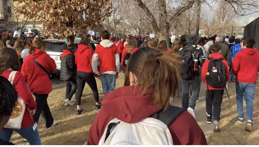 Organizers said that students from several Denver Public Schools high schools, including George Washington and Cherry Creek, joined in the march Friday to the state capitol in support of gun reform. Over 1,000 people are said to have marched, one of the largest ever for East High School. (Carol McKinley/Denver Gazette)