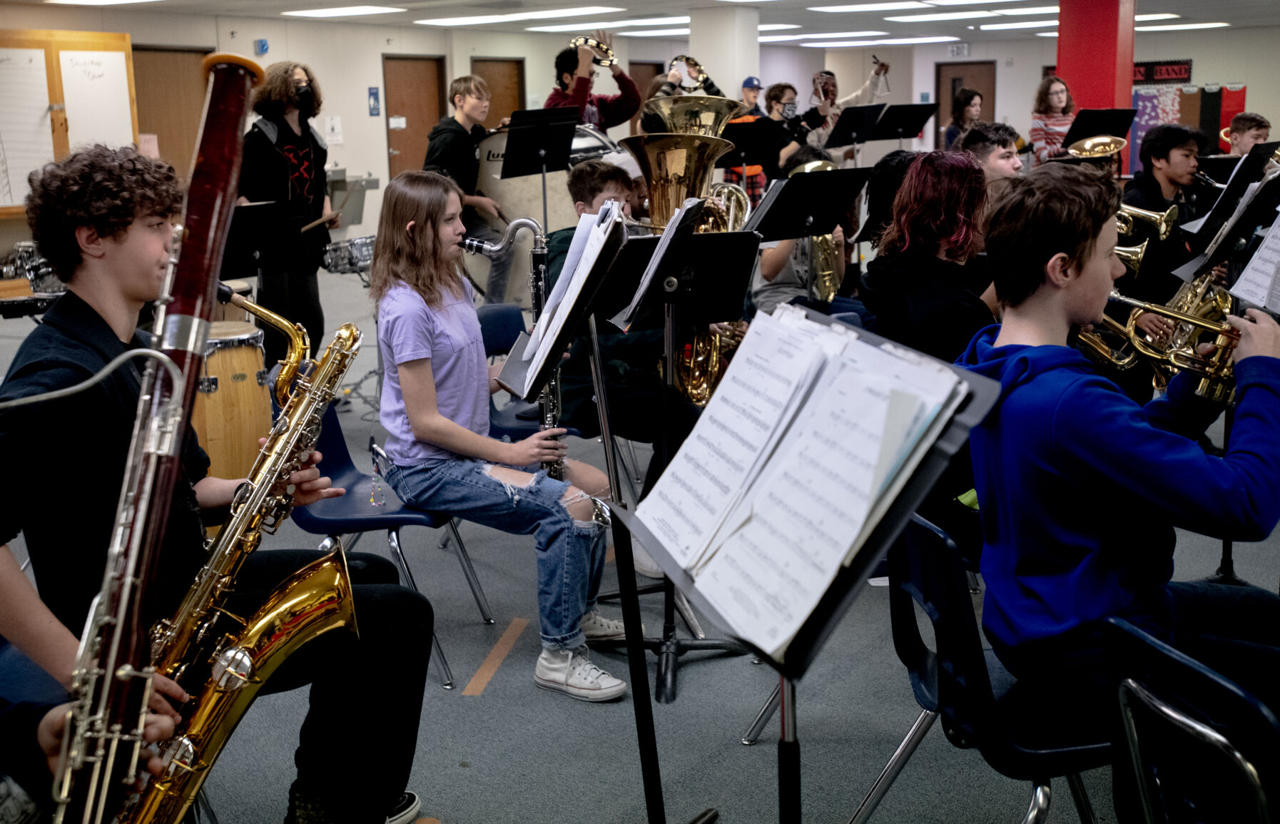 Students practice for a concert during band class at Horizon Elementary School in Colorado Springs. (Parker Seibold)