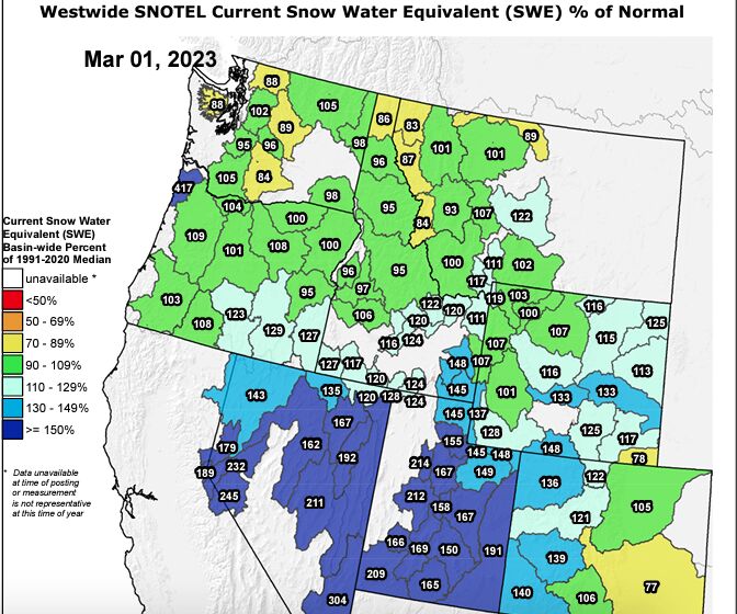 Snowpack as of March 1, according to the Natural Resources Conservation Services. (MarianneGoodlandmarianne.goodland@coloradopolitics.comhttps://secure.gravatar.com/avatar/125a14b7bd9266f61a445ec13b1d3605?d=mm&r=g)