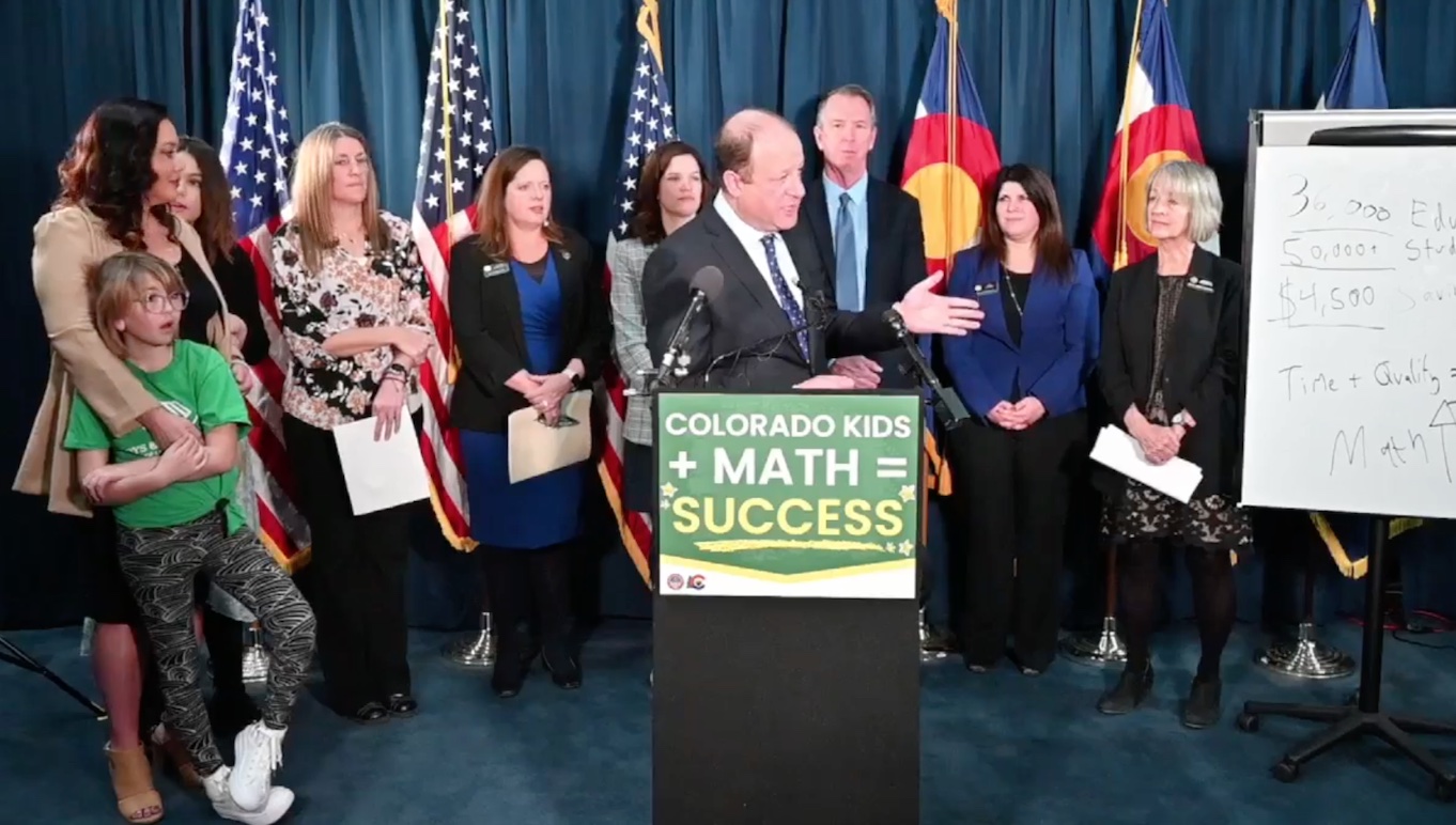 Gov. Jared Polis discusses proposed legislation to improve public school students' math scores during a press conference streamed on Facebook Live Tuesday March 7, 2023. (Screenshot of Facebook stream/Nicole C. Brambila)