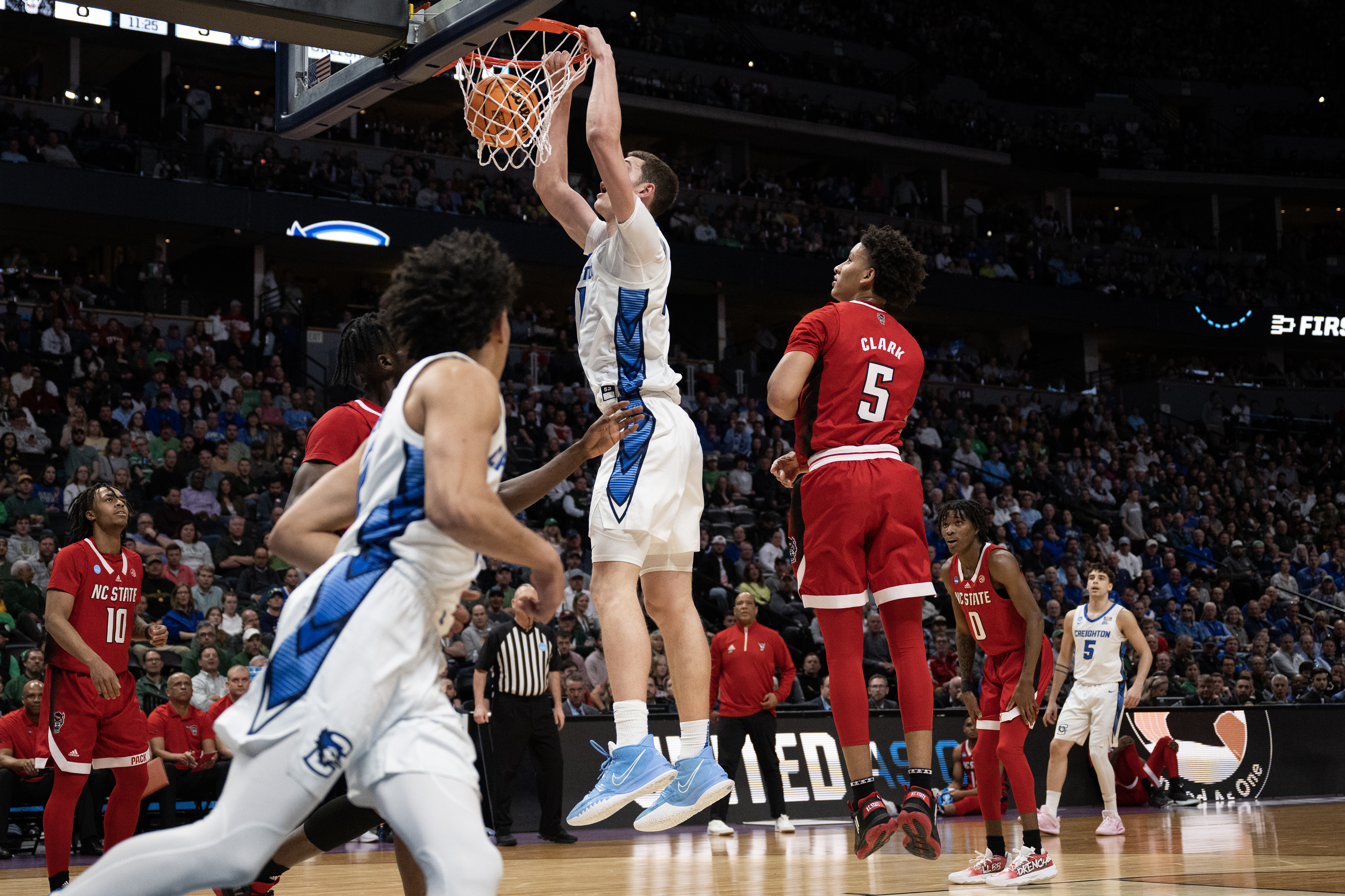 Creighton junior center Ryan Kalkbrenner (11) dunks against North Carolina State during a first-round college basketball game in the NCAA Tournament on Friday, March 17, 2023, at Ball Arena in Denver, Colo. (Timothy Hurst/Denver Gazette) (Timothy Hurst/Denver Gazette)