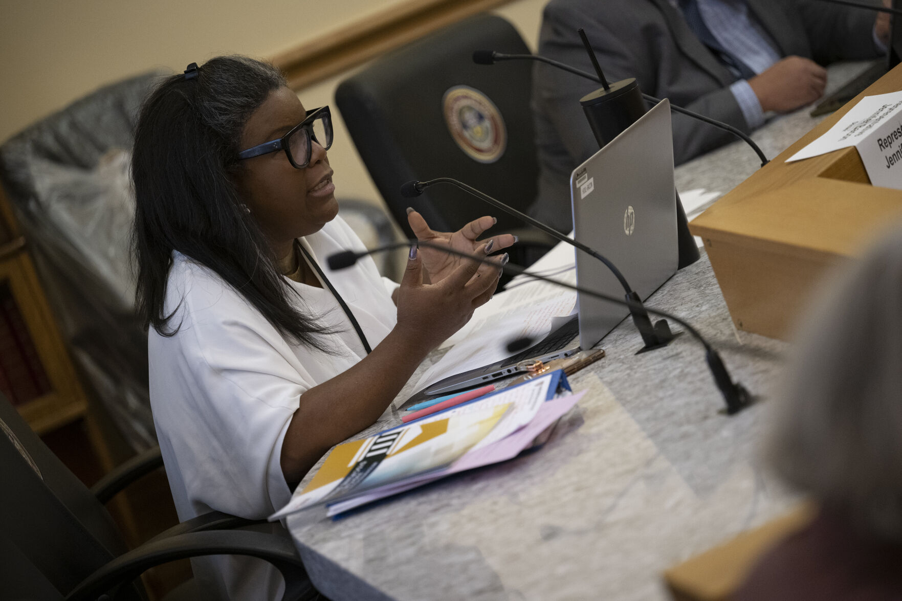 Rep. Jennifer Bacon asks follow-up questions during testimony before the Legislative Interim Committee on Judicial Discipline on Aug. 10 at the State Capitol. (the Denver Gazette)