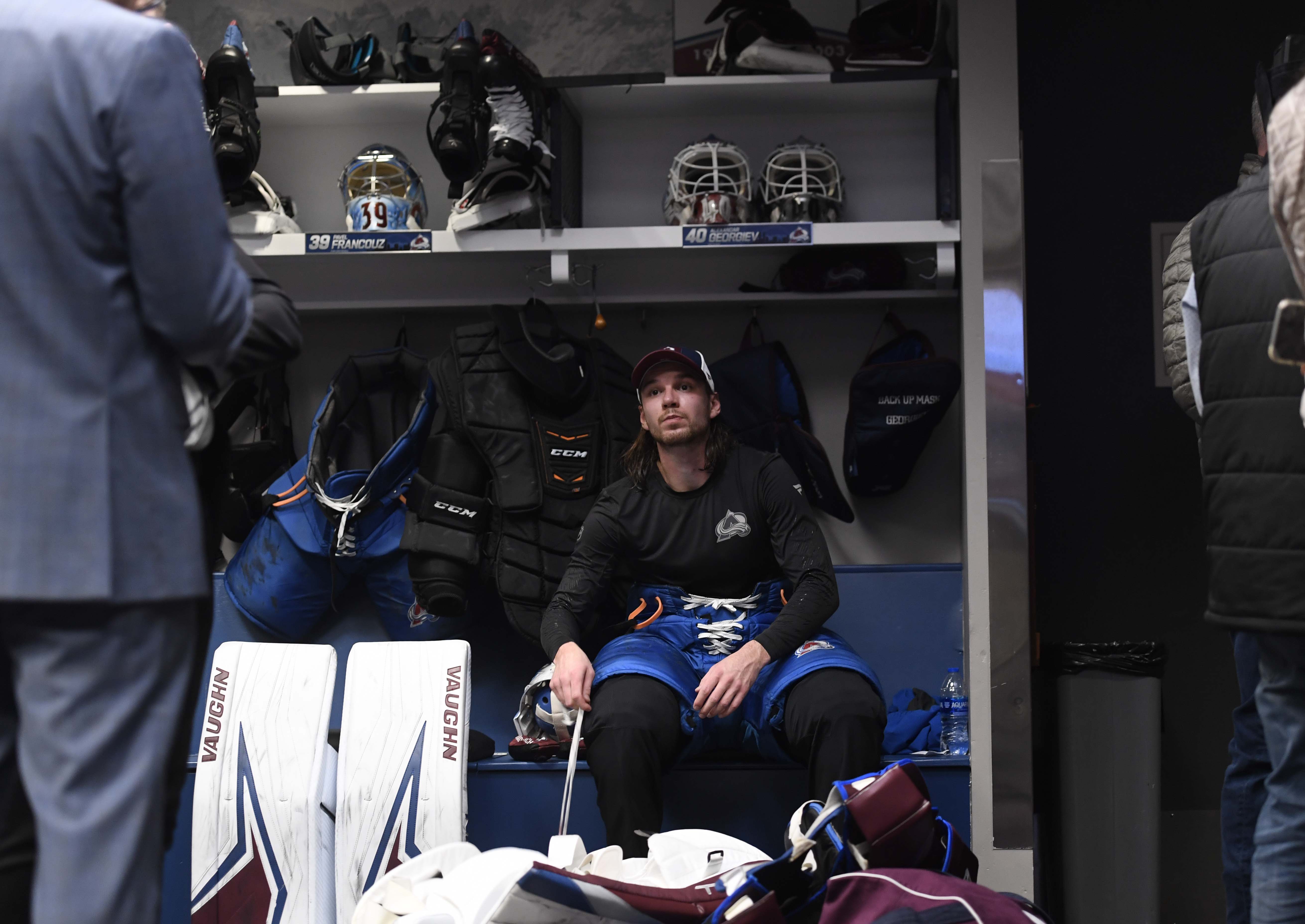 Colorado Avalanche goalie Alexandar Georgiev takes off his pads in the dressing room at South Suburban Family Sports Center in Centennial on Friday, March 3, 2023. (CarsonFieldcarson.field@gazette.comhttps://secure.gravatar.com/avatar/c524ef3d384945349bed78d70eb2d2cd?d=mm&r=g)