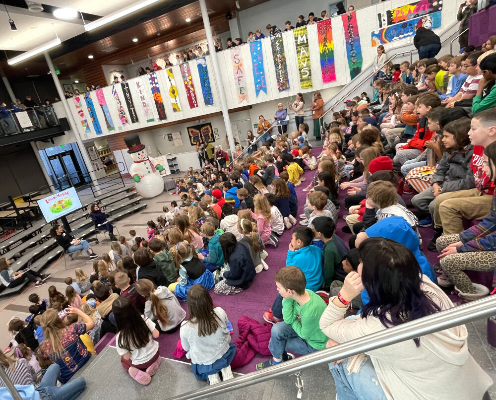 A look at the students who gathered to hear Tony-winning actor Idina Menzel and her teacher/sister, Cara Mentzel, appeared at Meadowlark School in Erie on Monday to talk about their new children's book, 'Loud Mouse.' (Courtesy Randy Barber, Boulder Valley School District)