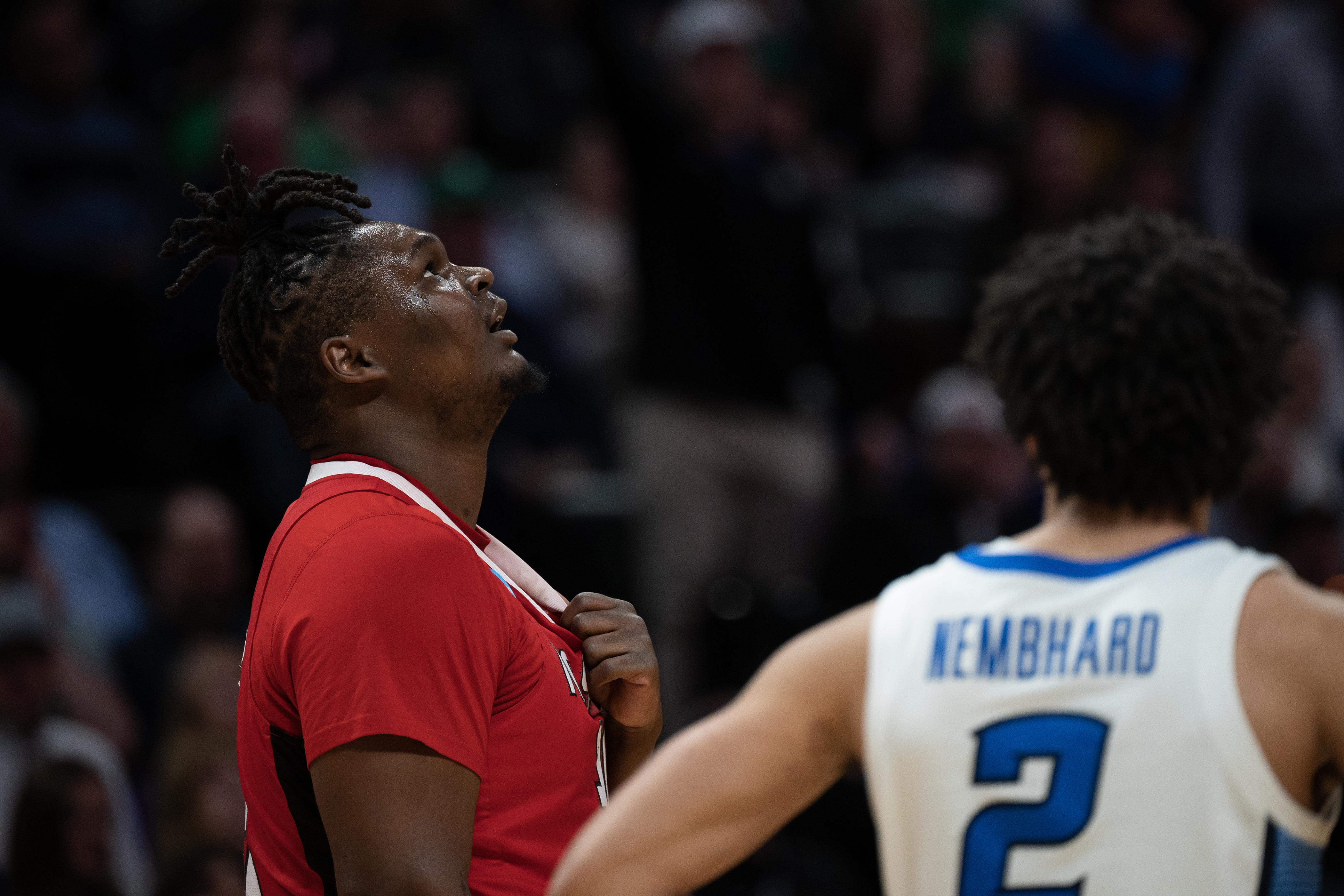 North Carolina State Wolfpack forward D.J. Burns Jr. (30) looks up to the board after call during a first-round college basketball game against Creighton in the NCAA Tournament on Friday, March 17, 2023, at Ball Arena in Denver, Colo. (Timothy Hurst/Denver Gazette) (TimHursttim.hurst@gazette.comhttps://secure.gravatar.com/avatar/aca82bd62b4ee425c598527cd6faa1b1?d=mm&r=g)