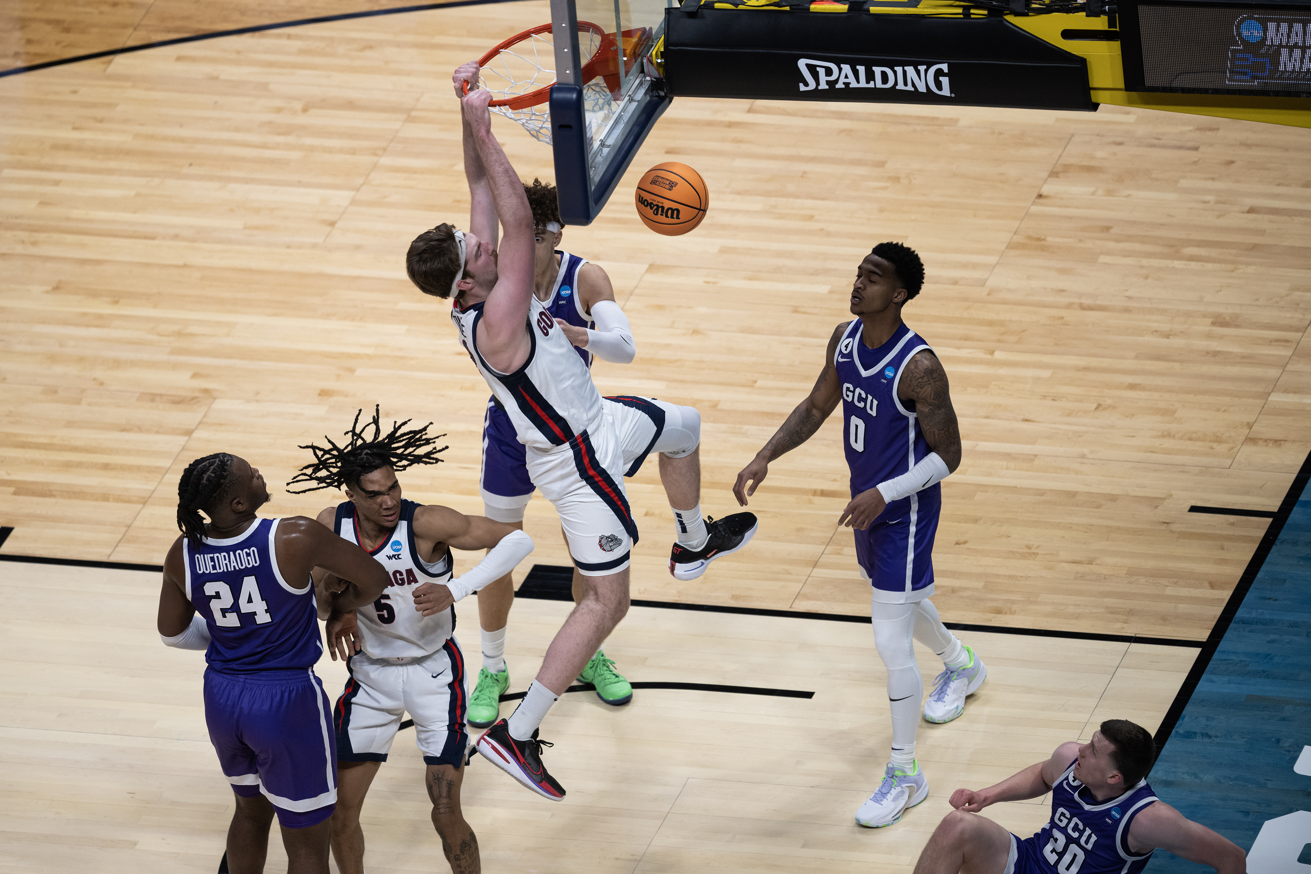 Gonzaga Bulldogs forward Drew Timme (2) dunks off a rebound against Grand Canyon University during a first-round college basketball game in the NCAA Tournament on Friday, March 17, 2023, at Ball Arena in Denver, Colo. (Timothy Hurst/Denver Gazette) (TimHursttim.hurst@gazette.comhttps://secure.gravatar.com/avatar/aca82bd62b4ee425c598527cd6faa1b1?d=mm&r=g)