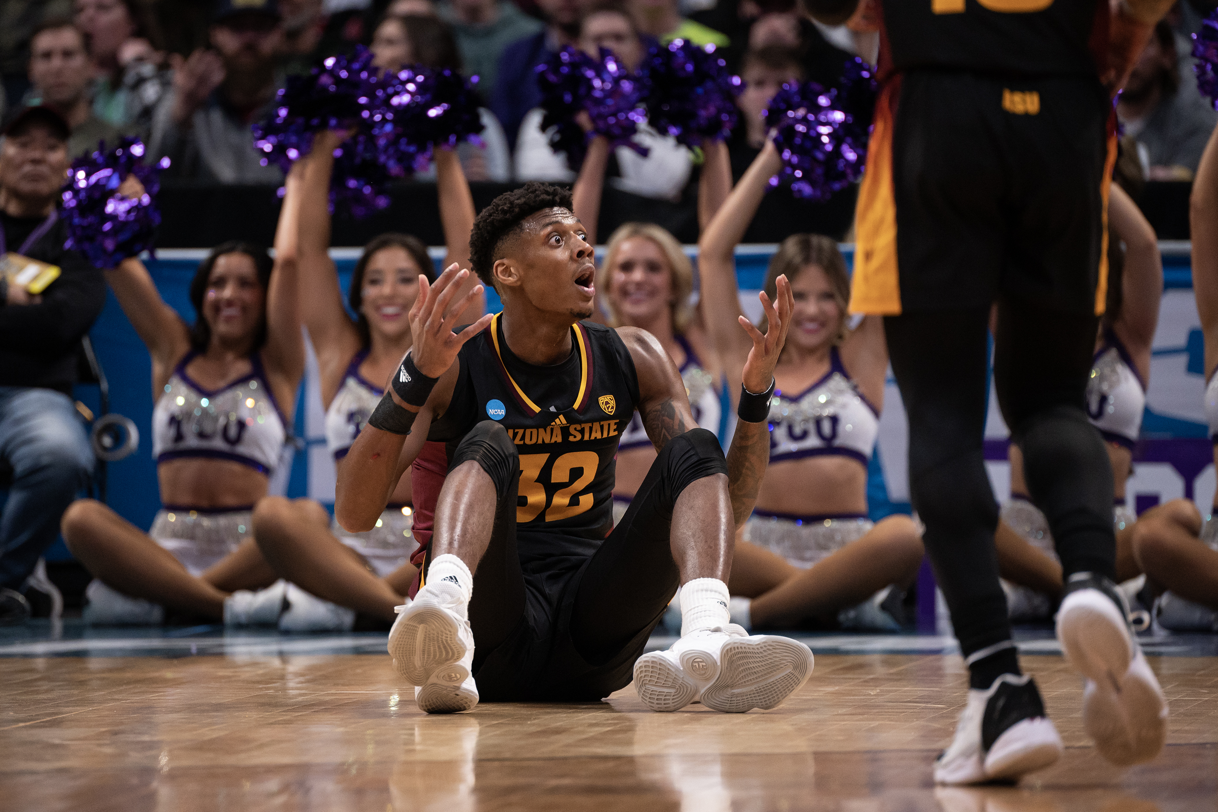 Arizona State Sun Devils forward Alonzo Gaffney (32) asked an official for clarification during a first-round college basketball game against the TCU Horned Frogs in the NCAA Tournament on Friday, March 17, 2023, at Ball Arena in Denver, Colo. (Timothy Hurst/Denver Gazette) (TimHursttim.hurst@gazette.comhttps://secure.gravatar.com/avatar/aca82bd62b4ee425c598527cd6faa1b1?d=mm&r=g)