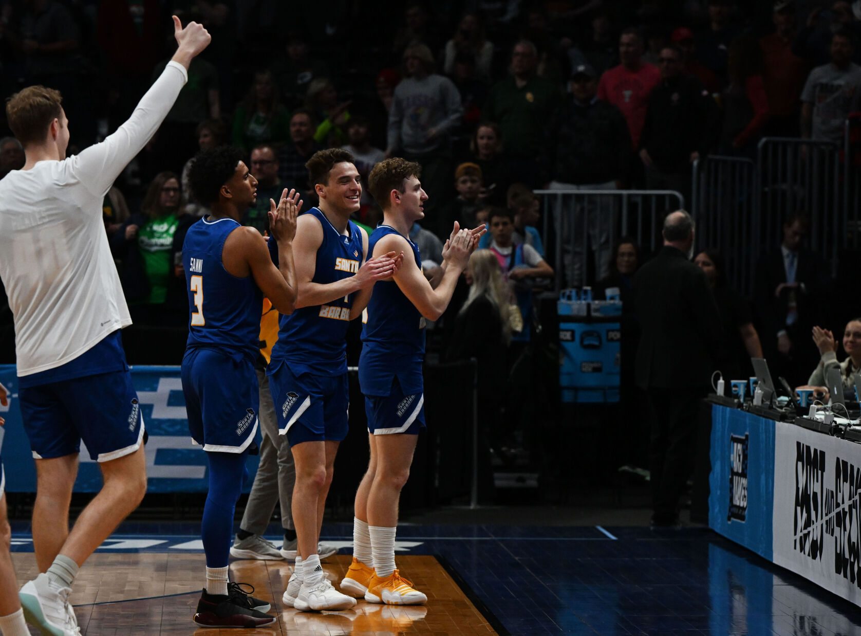 UC Santa Barbara Gauchos team waves to their fans after losing to the Baylor Bears 74-56 in first round of the Men’s NCAA Tournament Friday, March 17, 2023, at Ball Arena in Denver. (The Gazette, Christian Murdock) (Christian Murdock/The Gazette)