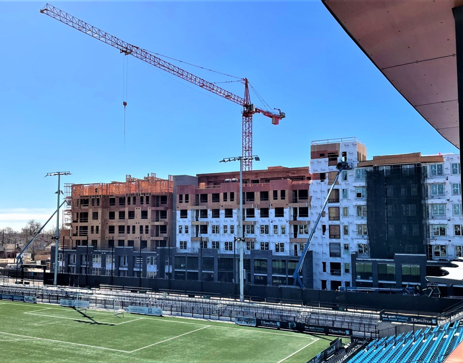 An apartment project being developed by Weidner Apartment Homes of suburban Seattle is under construction on the south side of the Weidner Field multiuse stadium in downtown Colorado Springs. (COURTESY of PIKES PEAK REGIONAL BUILDING DEPARTMENT)