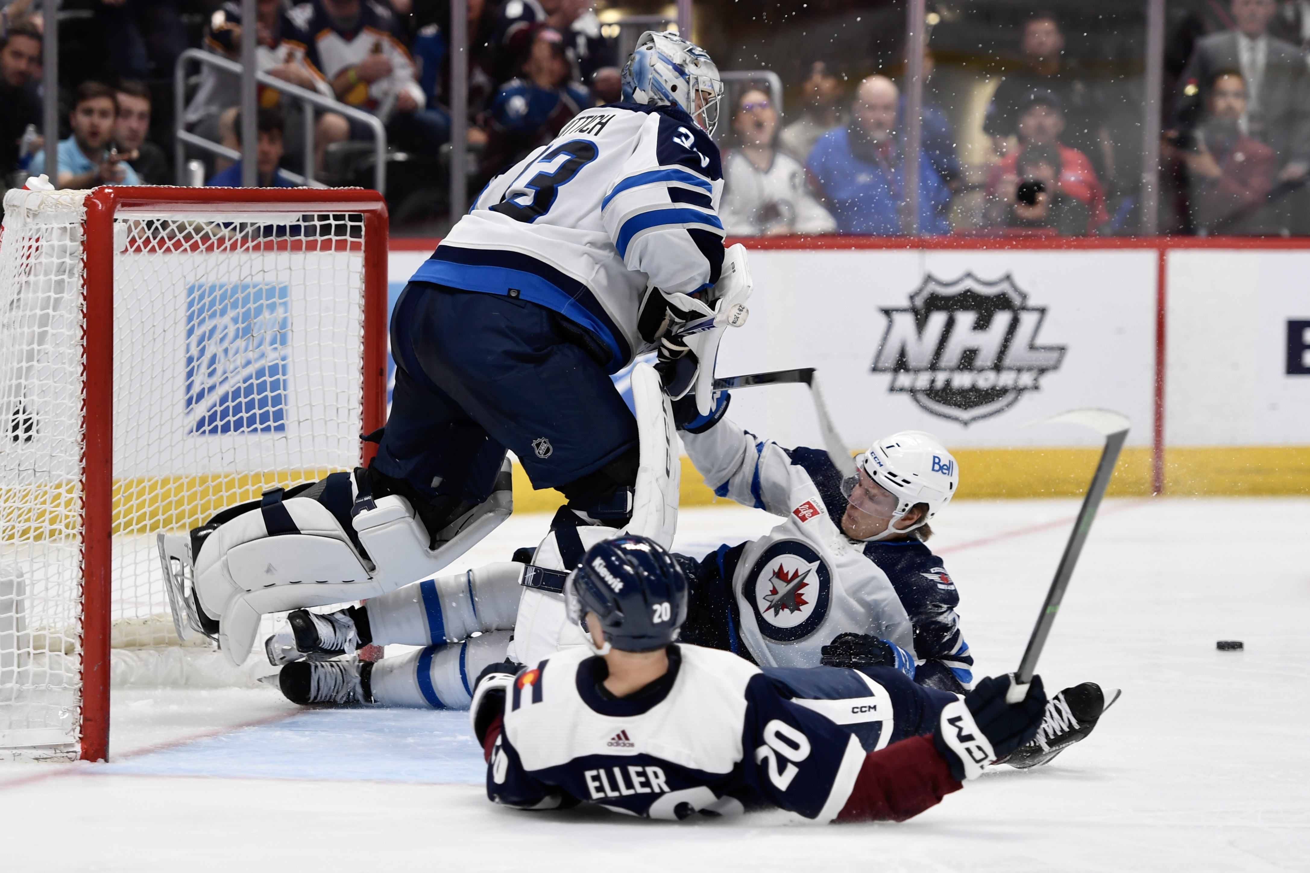 Avs forward Lars Eller gets taken down by Winnipeg's Vladislav Namestnikov on Thursday, April 13, 2023. (CarsonFieldcarson.field@gazette.comhttps://secure.gravatar.com/avatar/c524ef3d384945349bed78d70eb2d2cd?d=mm&r=g)