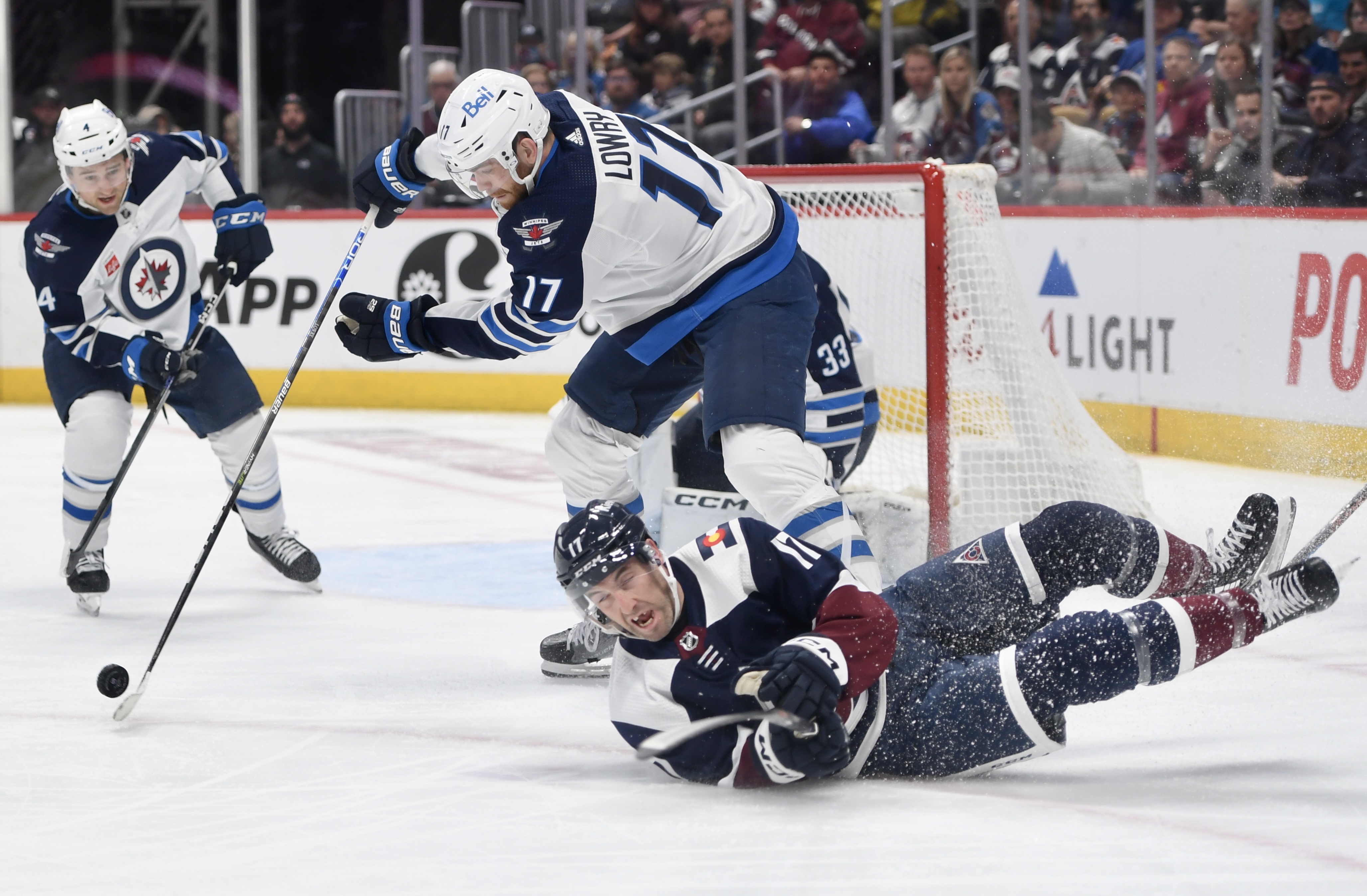 Avs defenseman Brad Hunt gets knocked down against the Winnipeg Jets on Thursday, April 13, 2023. (CarsonFieldcarson.field@gazette.comhttps://secure.gravatar.com/avatar/c524ef3d384945349bed78d70eb2d2cd?d=mm&r=g)