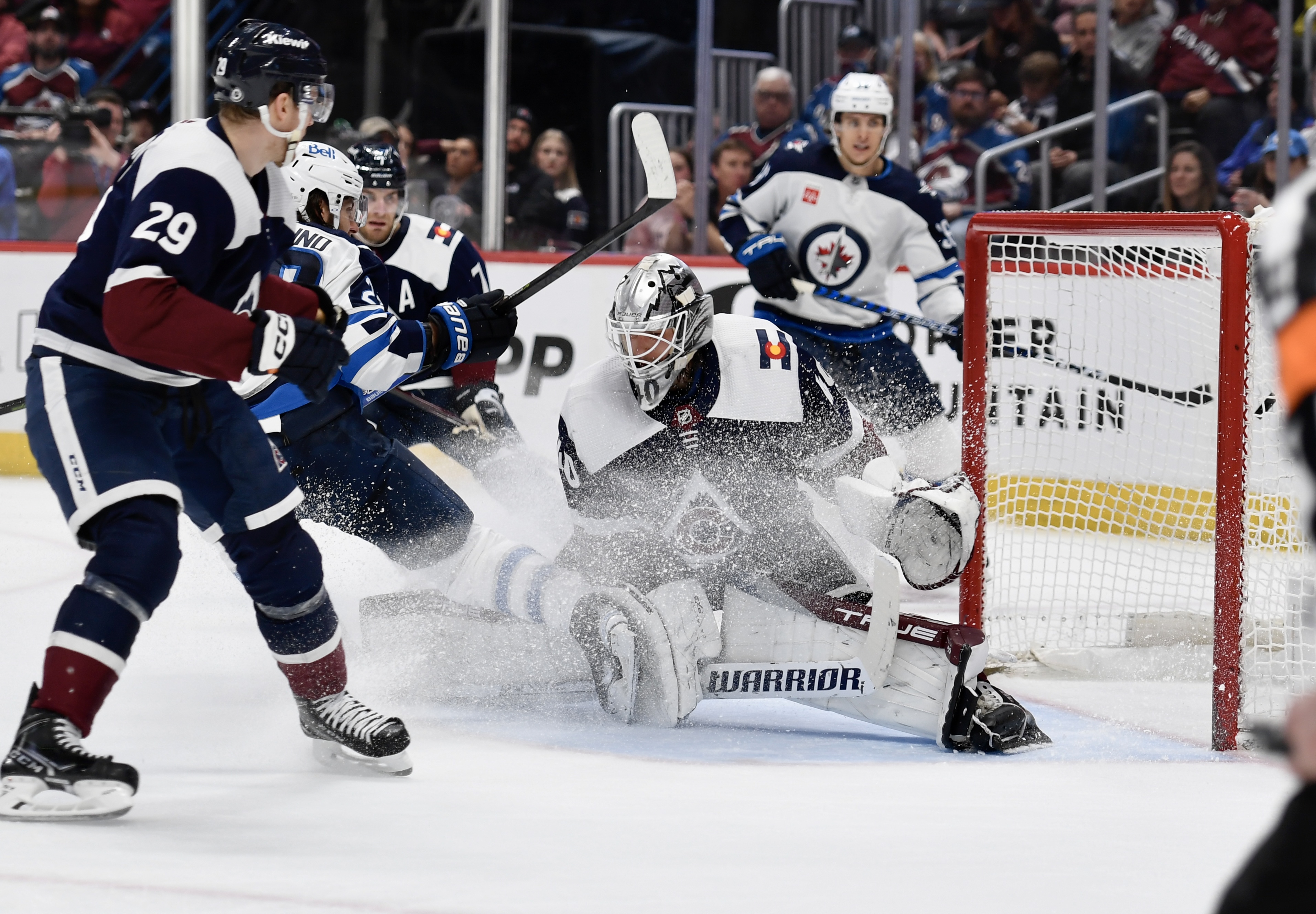Avs goalie Alexandar Georgiev allows a goal to Winnipeg's Kevin Stenlund on Thursday, April 13, 2023. (CarsonFieldcarson.field@gazette.comhttps://secure.gravatar.com/avatar/c524ef3d384945349bed78d70eb2d2cd?d=mm&r=g)