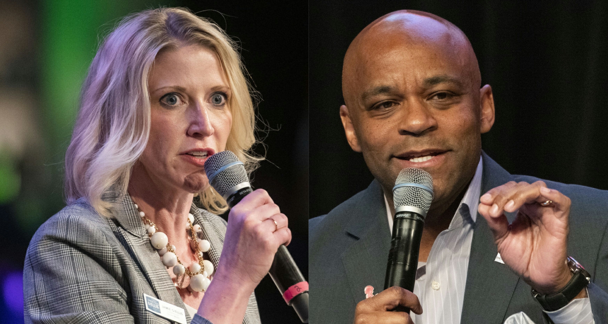 Denver's 2019 mayoral candidates Jamie Giellis, left, and Michael Hancock, the incumbent. ((Colorado Politics file photos))