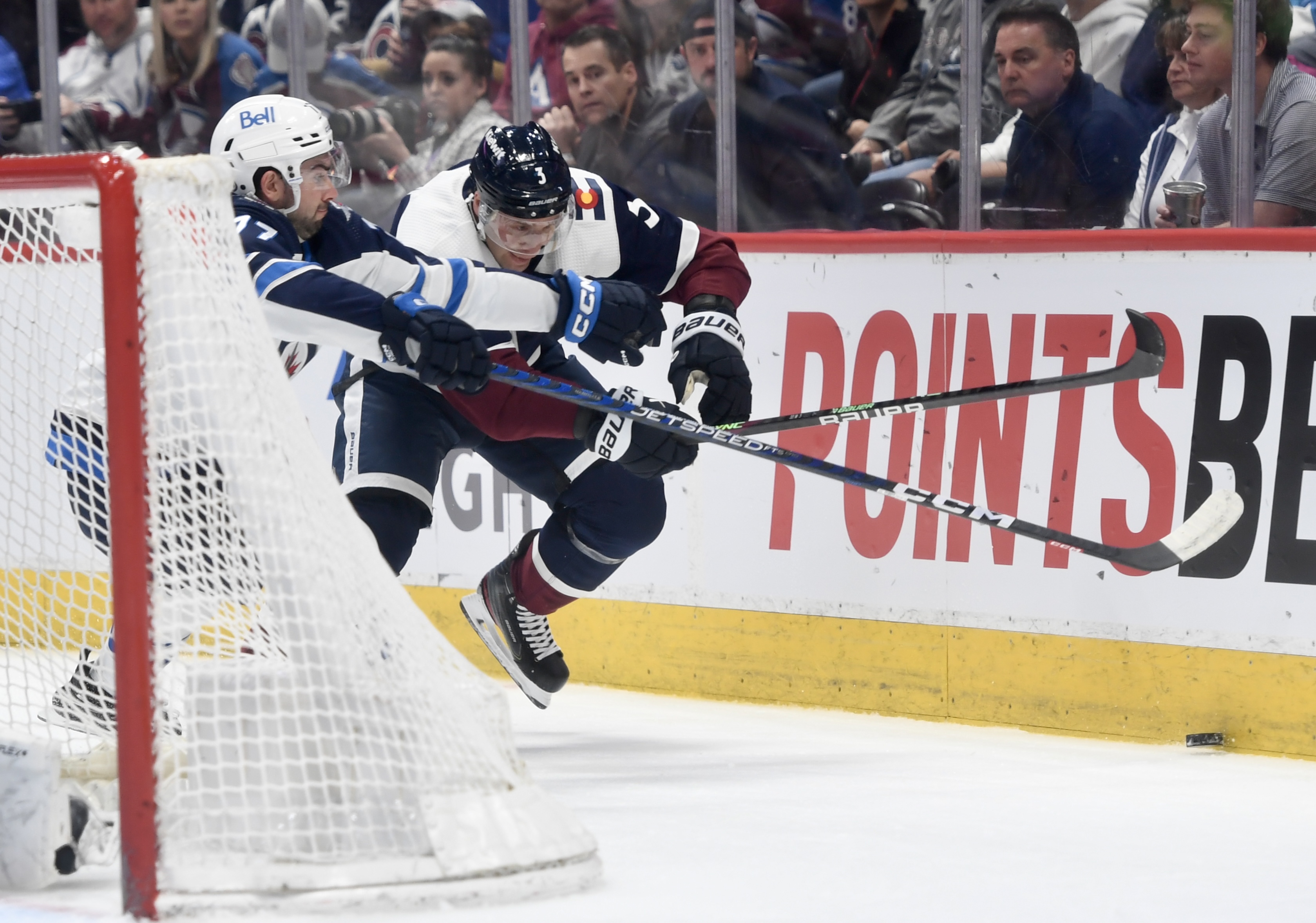 Avs defenseman Jack Johnson chases after a puck behind the net against the Winnipeg Jets on Thursday, April 13, 2023. (CarsonFieldcarson.field@gazette.comhttps://secure.gravatar.com/avatar/c524ef3d384945349bed78d70eb2d2cd?d=mm&r=g)