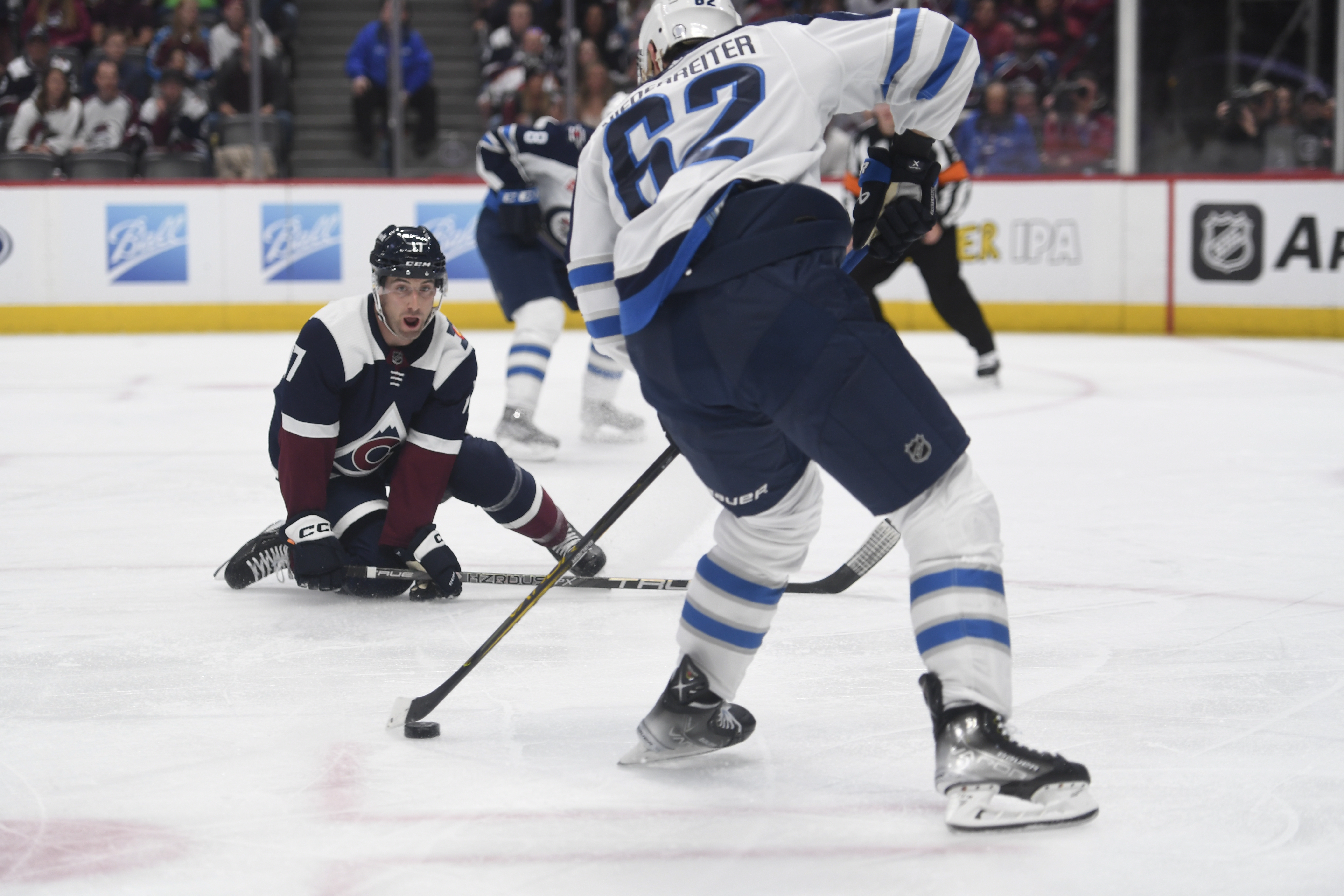 Avs defenseman kneels in front of a shot against the Winnipeg Jets on Thursday, April 13, 2023. (CarsonFieldcarson.field@gazette.comhttps://secure.gravatar.com/avatar/c524ef3d384945349bed78d70eb2d2cd?d=mm&r=g)