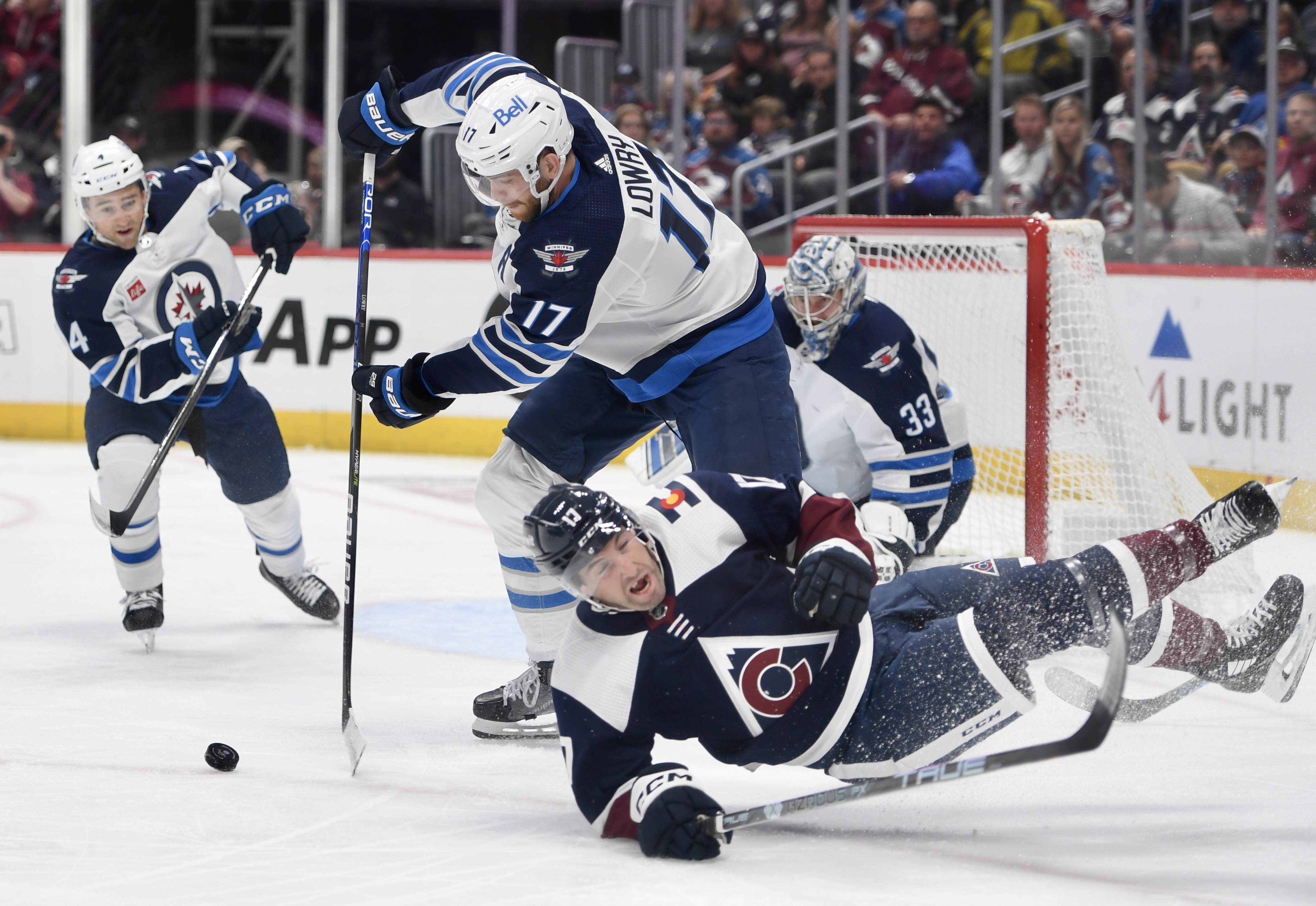 Avs defenseman Brad Hunt gets knocked down against the Winnipeg Jets on Thursday, April 13, 2023. (CarsonFieldcarson.field@gazette.comhttps://secure.gravatar.com/avatar/c524ef3d384945349bed78d70eb2d2cd?d=mm&r=g)
