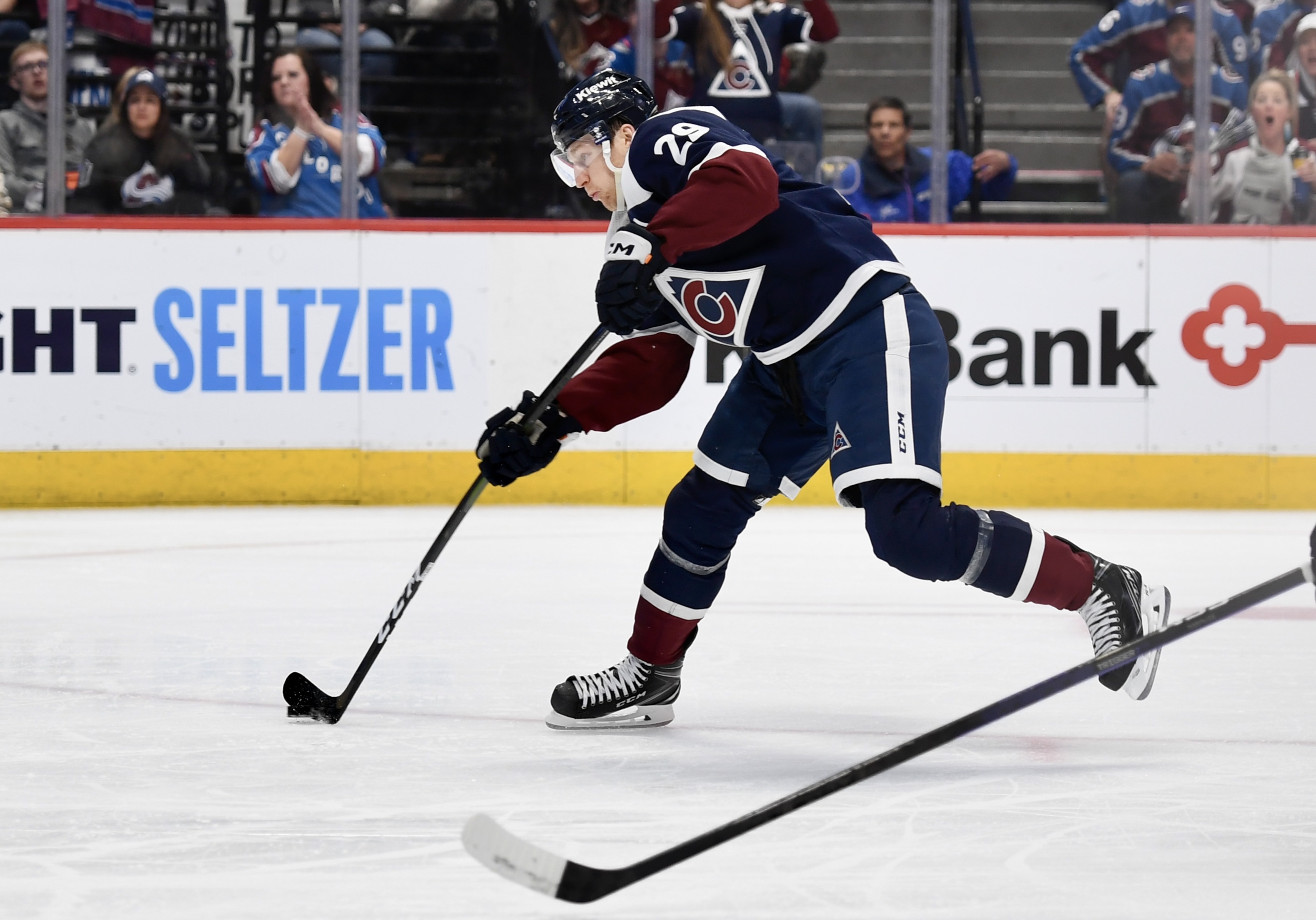 Avs forward Nathan MacKinnon shoots against the Winnipeg Jets on Thursday, April 13, 2023. (CarsonFieldcarson.field@gazette.comhttps://secure.gravatar.com/avatar/c524ef3d384945349bed78d70eb2d2cd?d=mm&r=g)