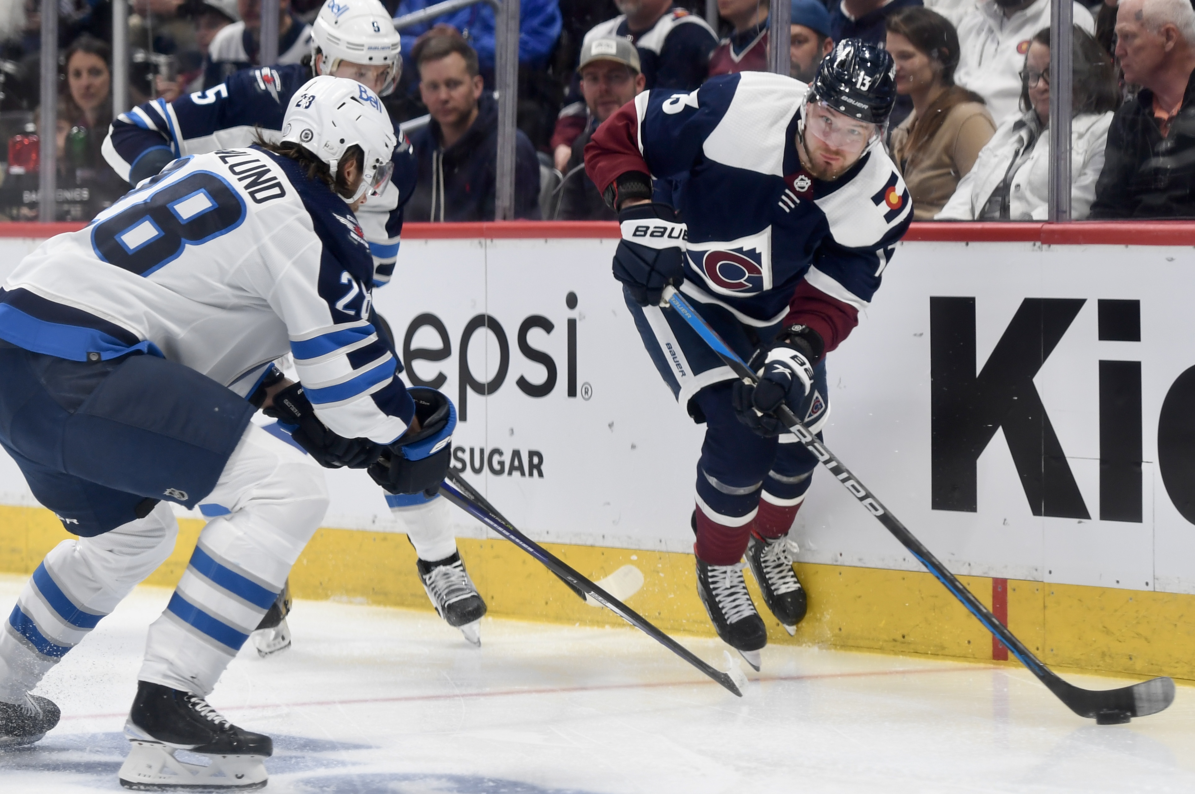 Avs forward Valeri Nichushkin controls the puck against the Winnipeg Jets on Thursday, April 13, 2023. (CarsonFieldcarson.field@gazette.comhttps://secure.gravatar.com/avatar/c524ef3d384945349bed78d70eb2d2cd?d=mm&r=g)