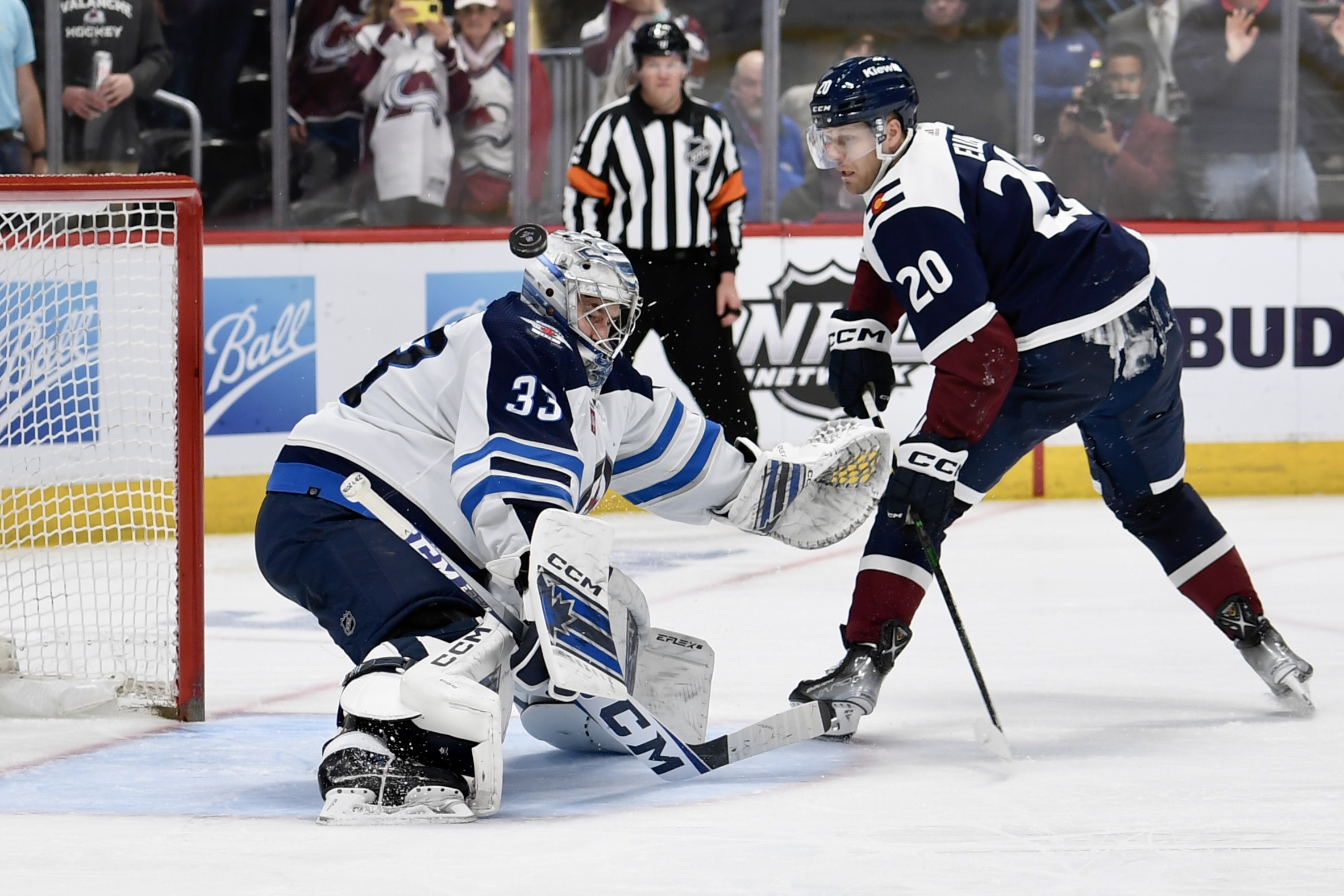Avs forward Lars Eller shoots a penalty shot against the Winnipeg Jets on Thursday, April 13, 2023. (CarsonFieldcarson.field@gazette.comhttps://secure.gravatar.com/avatar/c524ef3d384945349bed78d70eb2d2cd?d=mm&r=g)