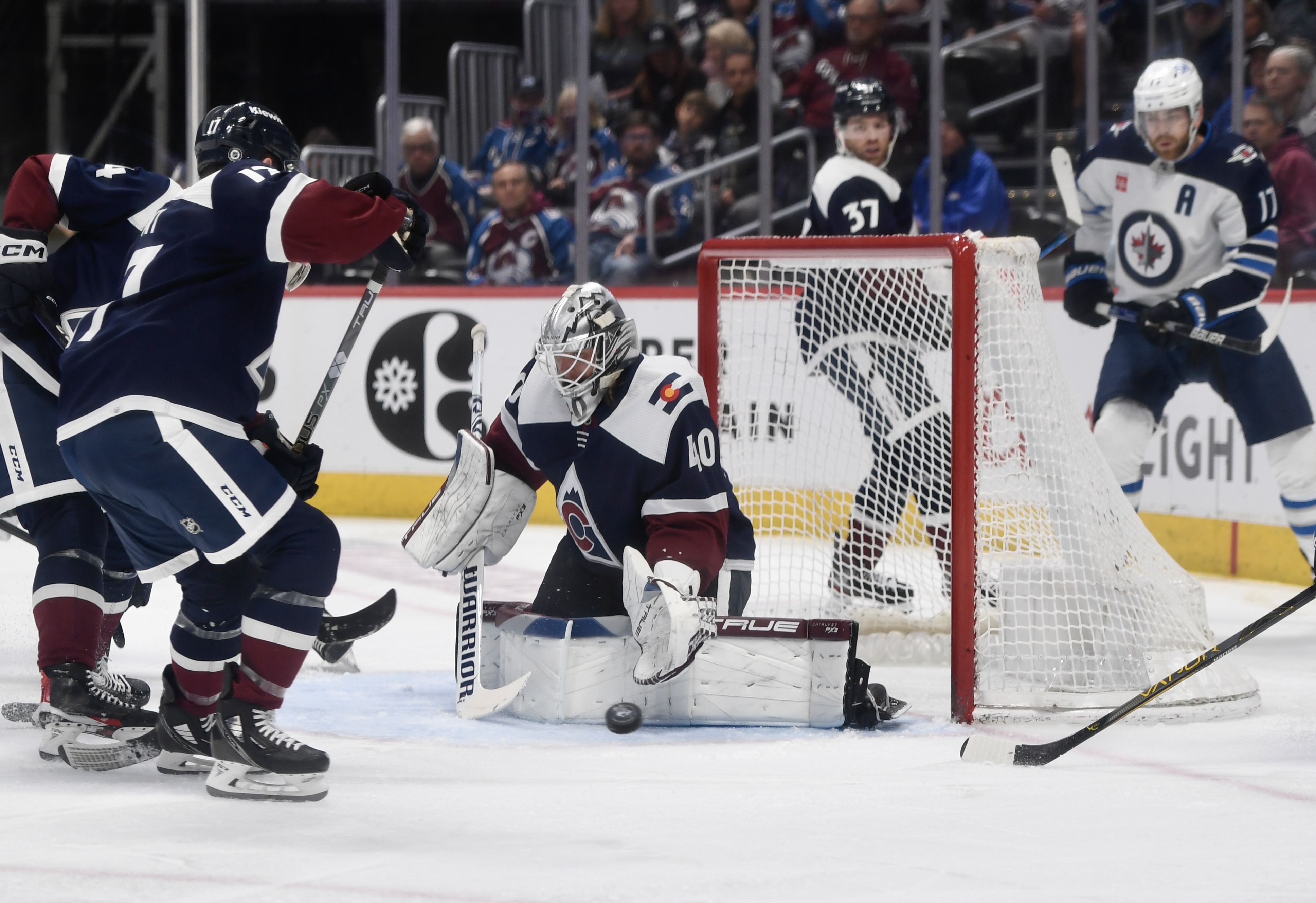 Avs goalie Alexandar Georgiev stops a puck against the Winnipeg Jets on Thursday, April 13, 2023. (CarsonFieldcarson.field@gazette.comhttps://secure.gravatar.com/avatar/c524ef3d384945349bed78d70eb2d2cd?d=mm&r=g)