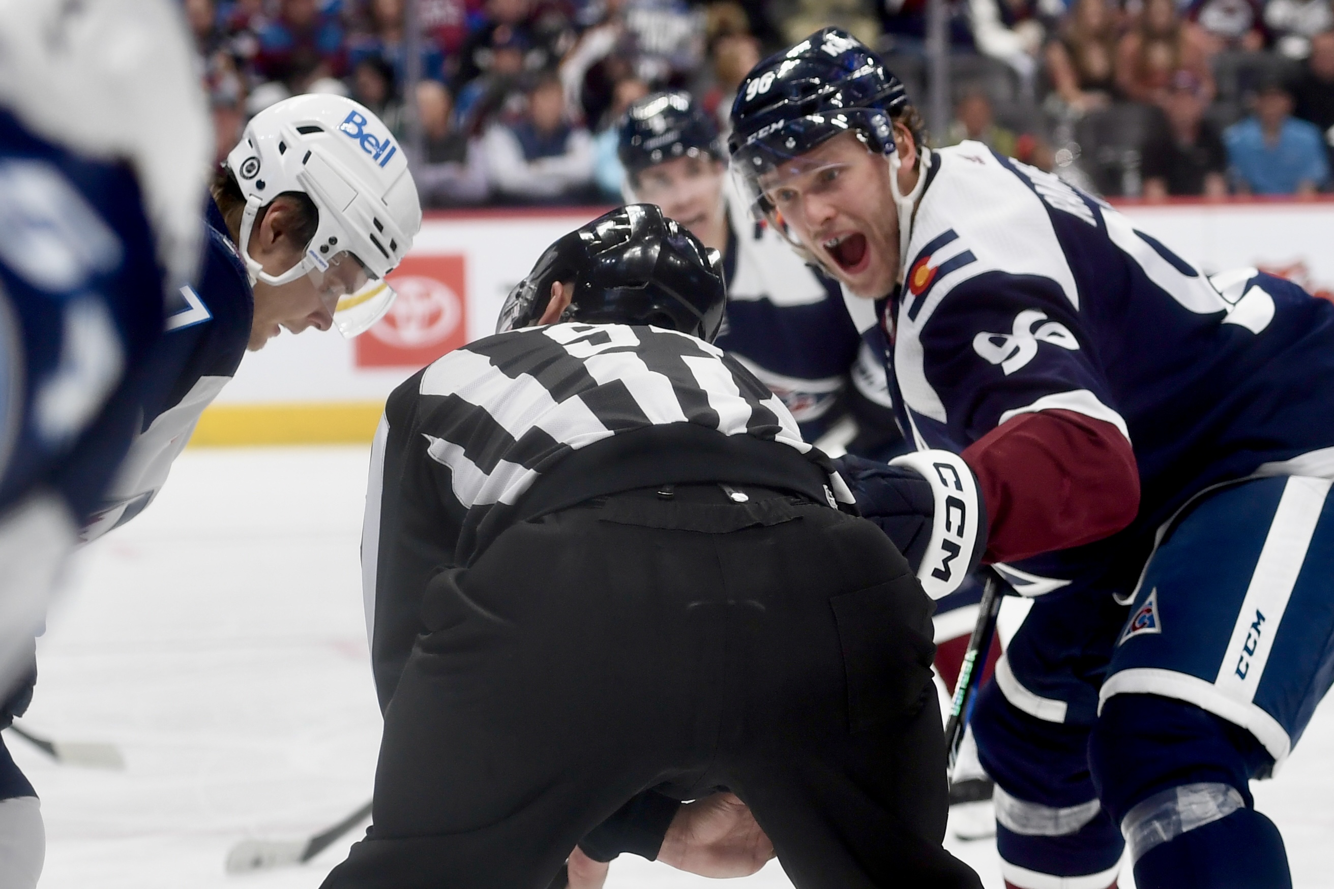 Avs forward Mikko Rantanen shouts at an official for a faceoff violation against the Winnipeg Jets on Thursday, April 13, 2023. (CarsonFieldcarson.field@gazette.comhttps://secure.gravatar.com/avatar/c524ef3d384945349bed78d70eb2d2cd?d=mm&r=g)
