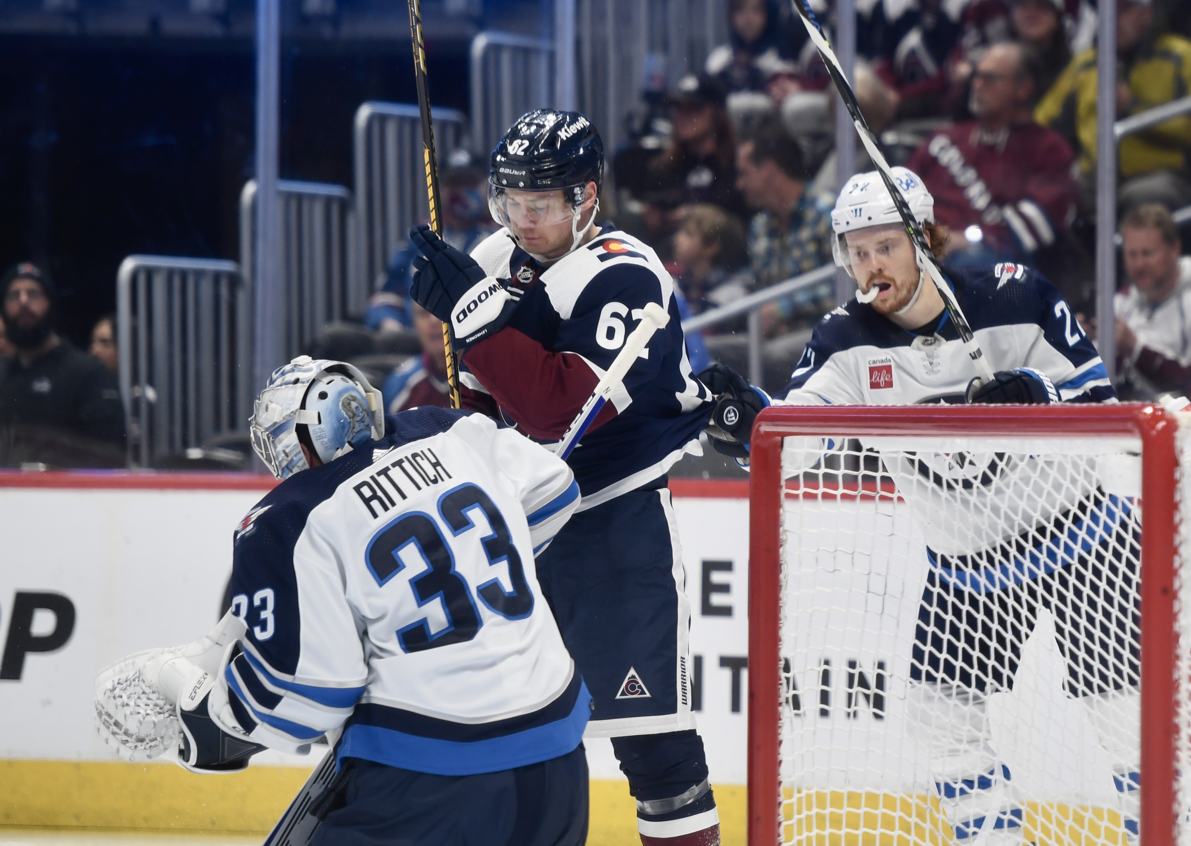 Avs forward Arturi Lehkonen stands in front of goal against the Winnipeg Jets on Thursday, April 13, 2023. (CarsonFieldcarson.field@gazette.comhttps://secure.gravatar.com/avatar/c524ef3d384945349bed78d70eb2d2cd?d=mm&r=g)