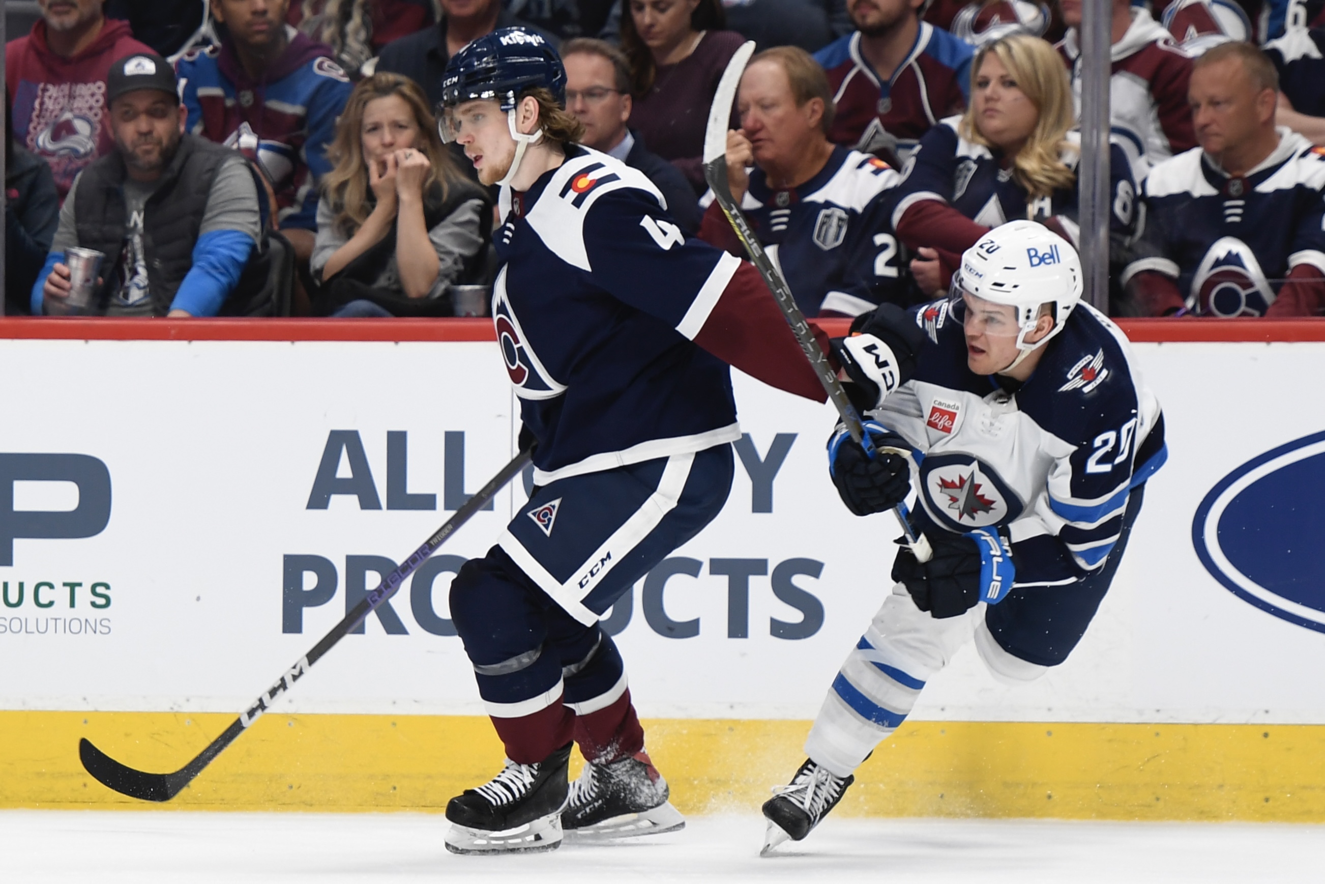 Avs defenseman Bowen Byram pushes Winnipeg's Karson Kuhlman back on Thursday, April 13, 2023. (CarsonFieldcarson.field@gazette.comhttps://secure.gravatar.com/avatar/c524ef3d384945349bed78d70eb2d2cd?d=mm&r=g)
