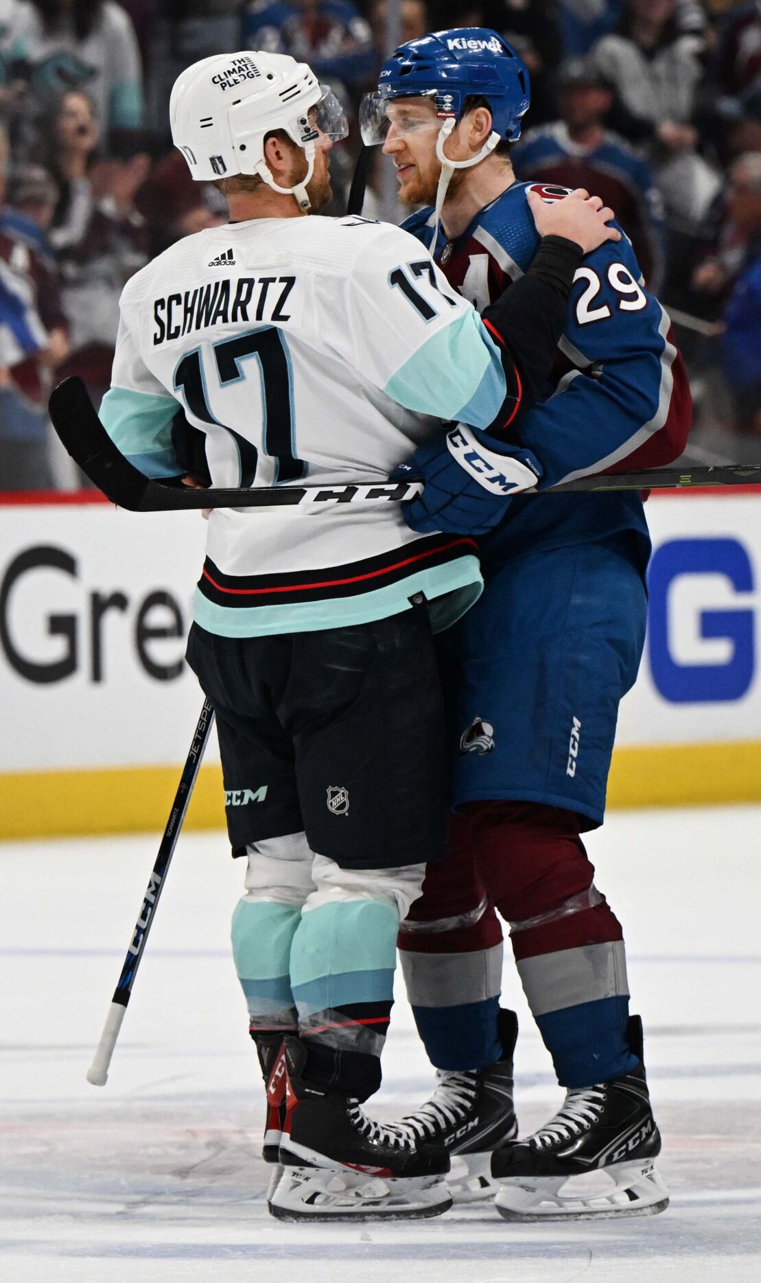 Colorado Avalanche center Nathan MacKinnon (29) greets Seattle Kraken center Jaden Schwartz (17) after Game 7 of the first round of the Stanley Cup Playoffs Sunday, April 30, 2023, at Ball Arena in Denver. The Seattle Kraken won 2-1 to advance in playoffs. (The Gazette, Christian Murdock) (Christian Murdock/The Gazette)