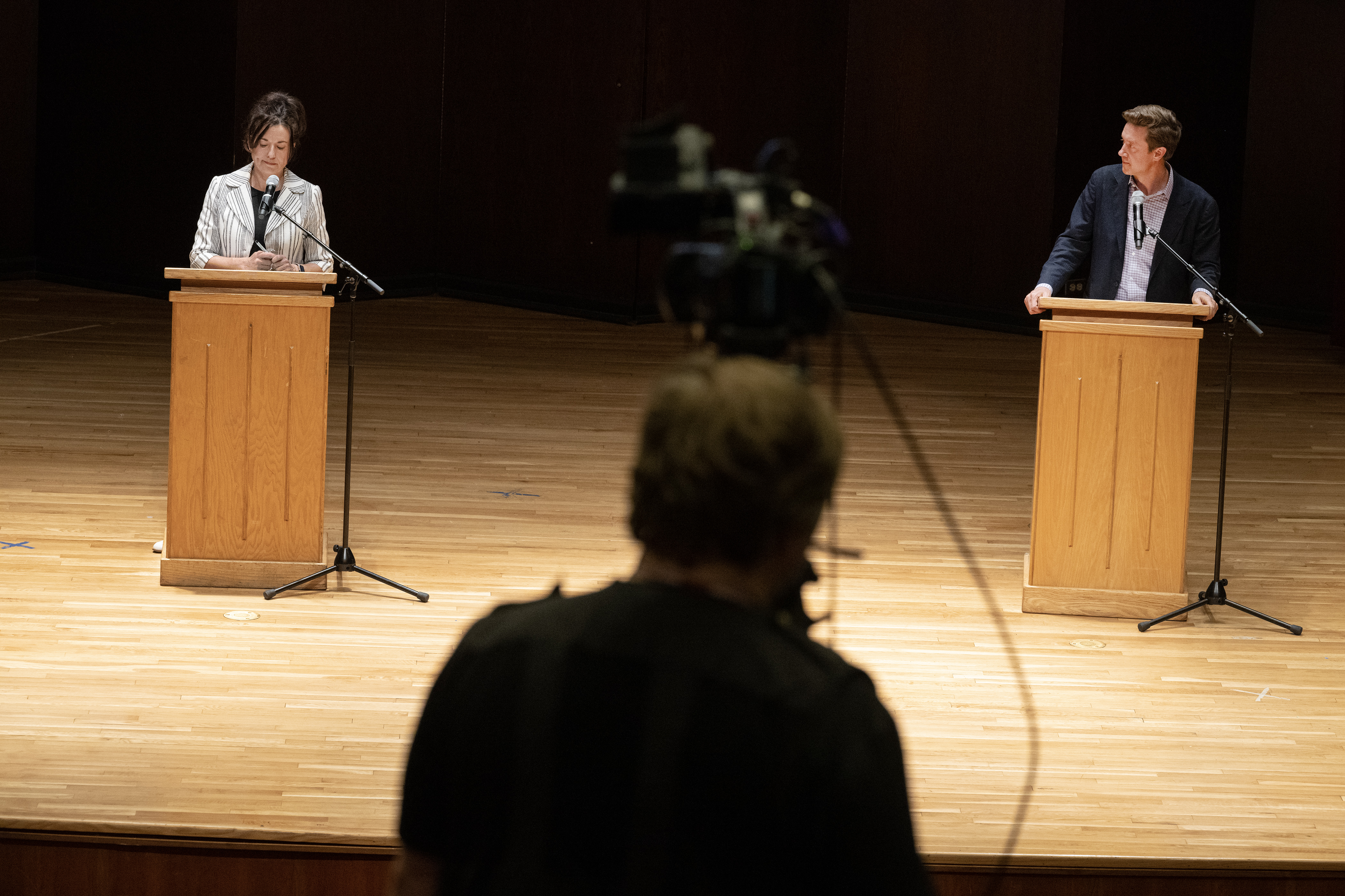Denver mayoral run-off candidates Kelly Brough, left, and Mike Johnston participate in a debate on Thursday, May 18, 2023, in the Sam & Freda Davis Auditorium at the University of Denver in Denver, Colo. (Timothy Hurst/Denver Gazette) (TimHursttim.hurst@gazette.comhttps://secure.gravatar.com/avatar/aca82bd62b4ee425c598527cd6faa1b1?d=mm&r=g)