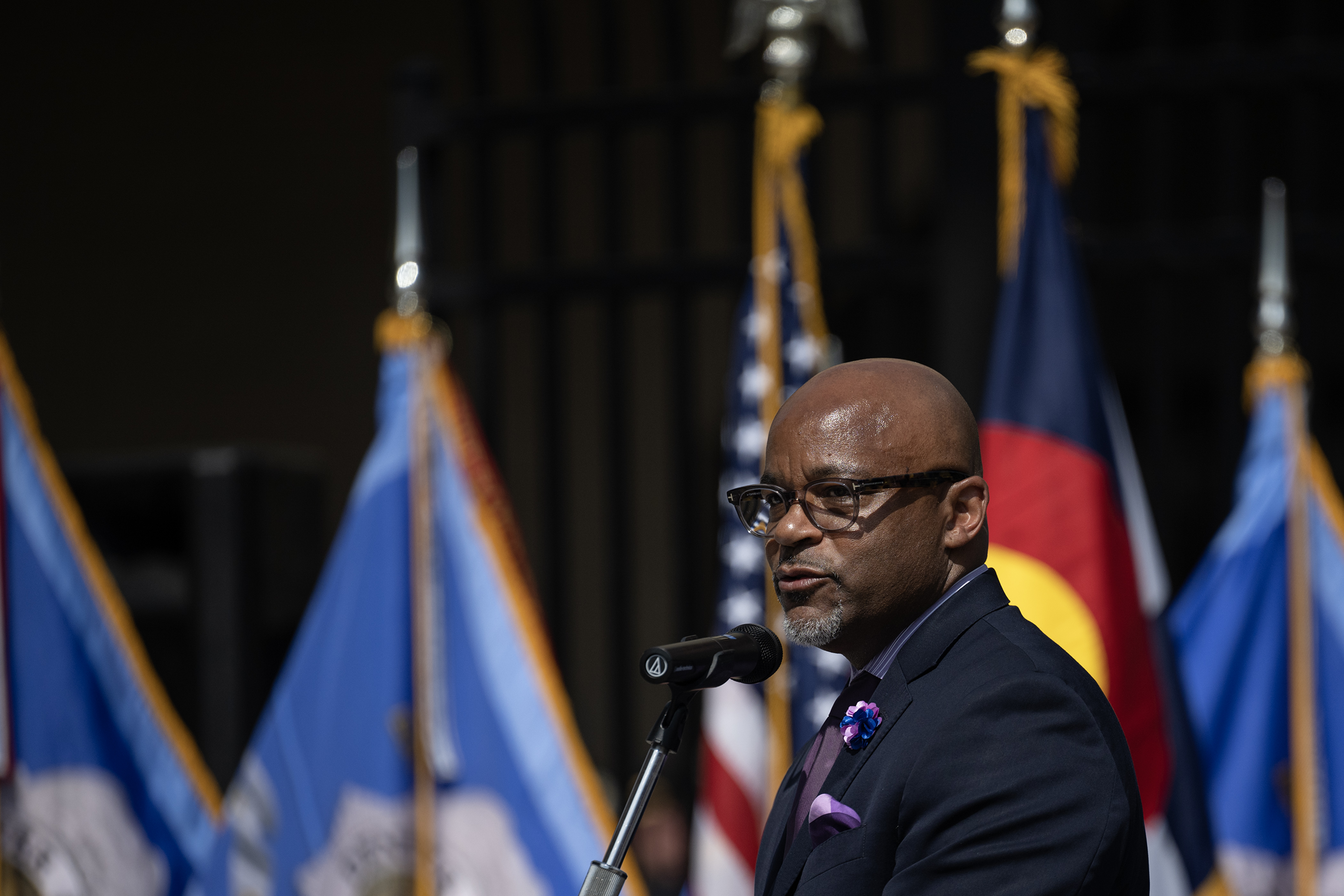 Denver mayor Michael Hancock speaks during the Denver Police Department’s annual fallen officers memorial ceremony on Thursday, May 18, 2023, at the department’s administration building in Denver, Colo. (Timothy Hurst/Denver Gazette) (Timothy Hurst/Denver Gazette)