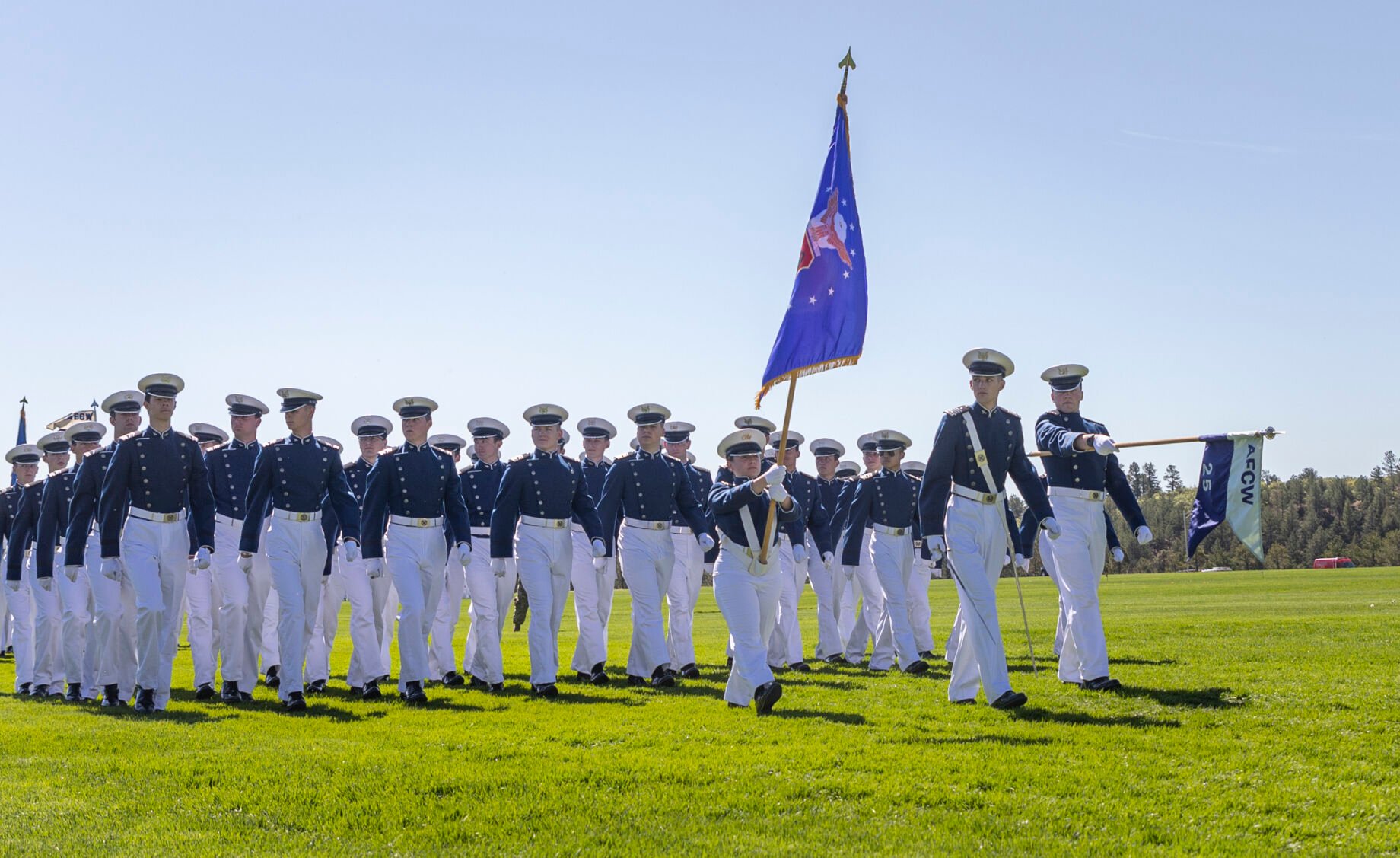 The squadrons march by the saluting graduating class at the U.S. Air Force Academy Class of 2023 Graduation Parade at Stillman Field in Colorado Springs, Co., on Wednesday, May 31, 2023. (Gabi Broekema)